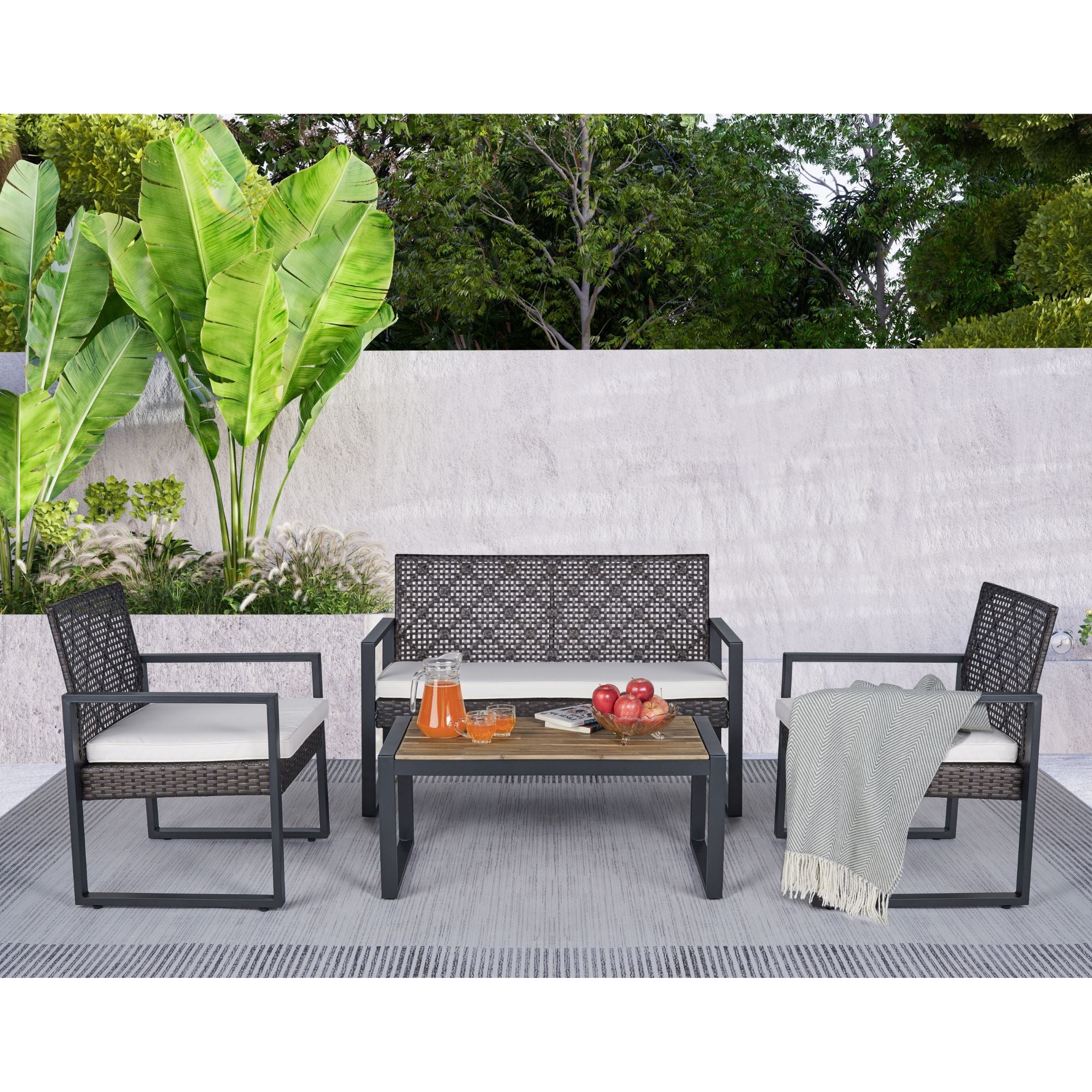 4 Piece Patio Furniture Set With Acacia Wood Table Top And Cushions