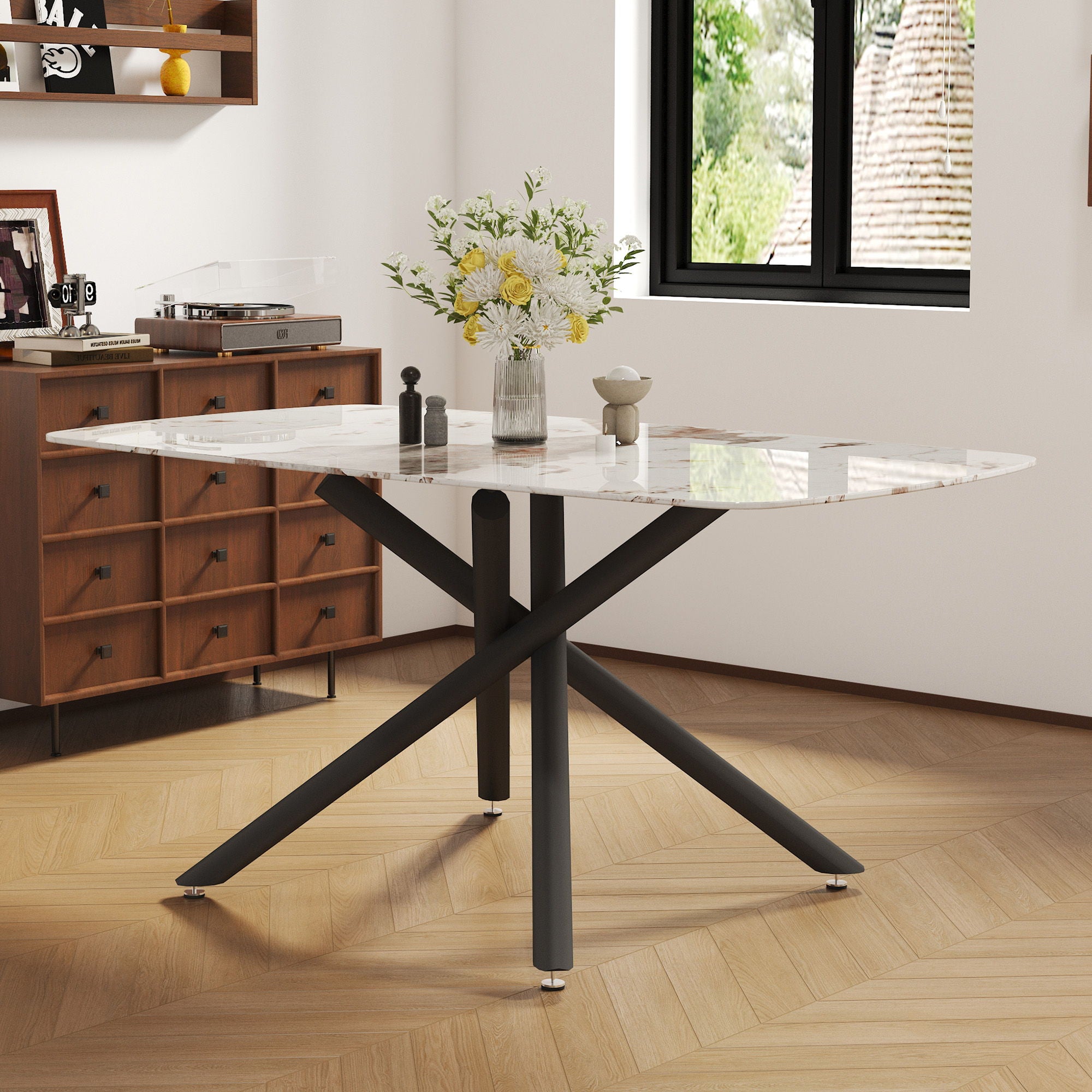 Luxurious Marble Patterned Dining Table With Metal Fork Legs