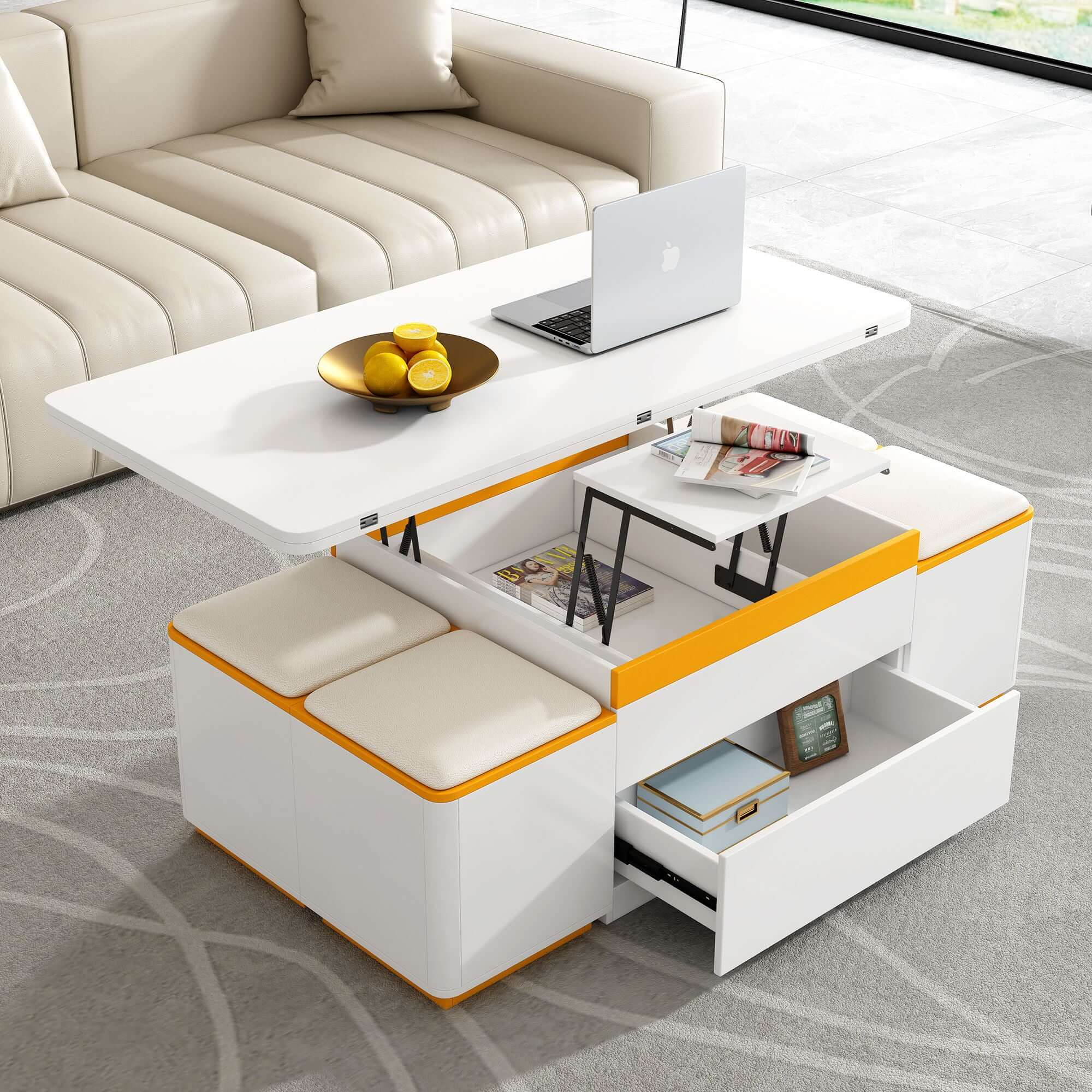 Lift Top Coffee Table With 4 Storage Stools