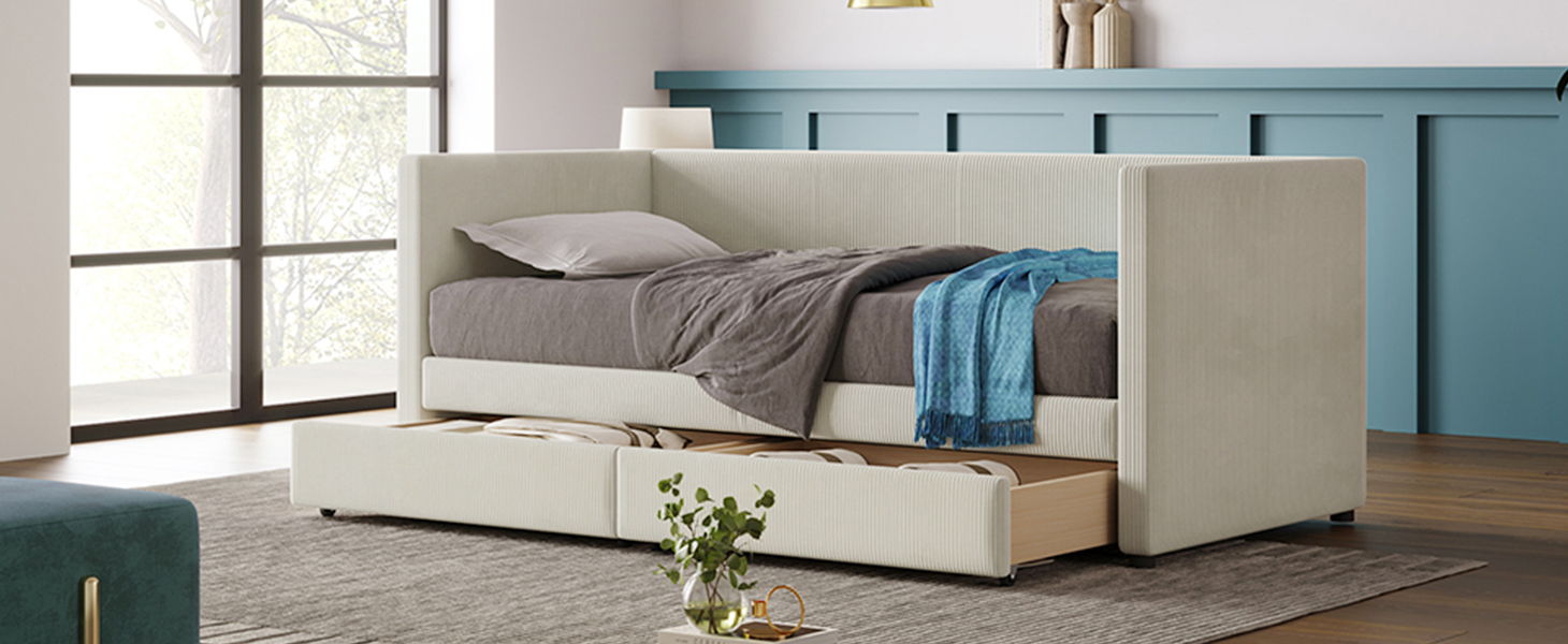 Corduroy Daybed With Two Drawers And Wood Slat