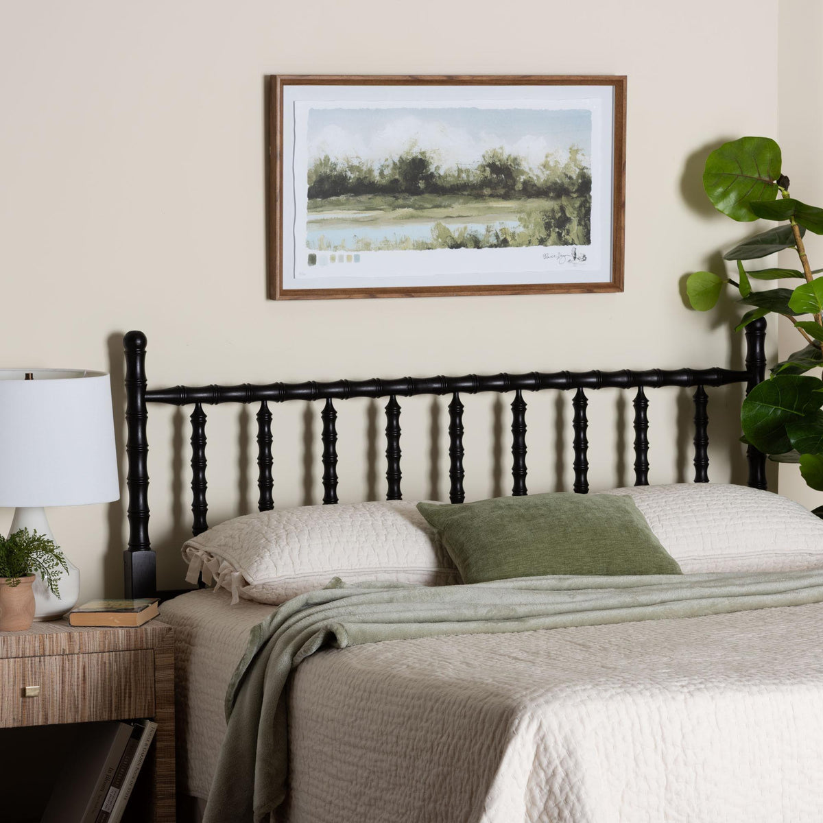 Edaline Bamboo Motif Headboard - Crafted Wood Panel with Decorative Turned Spindle Design for Boho Costal Bedroom, Queen, Black