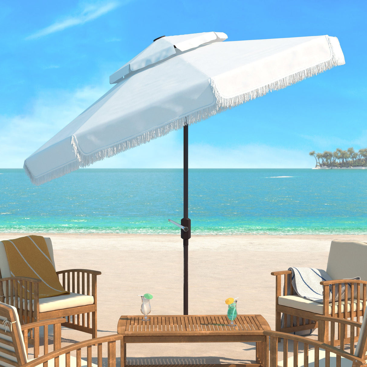 MILAN FRINGE 9FT DOUBLE TOP CRANK UMBRELLA/IVORY