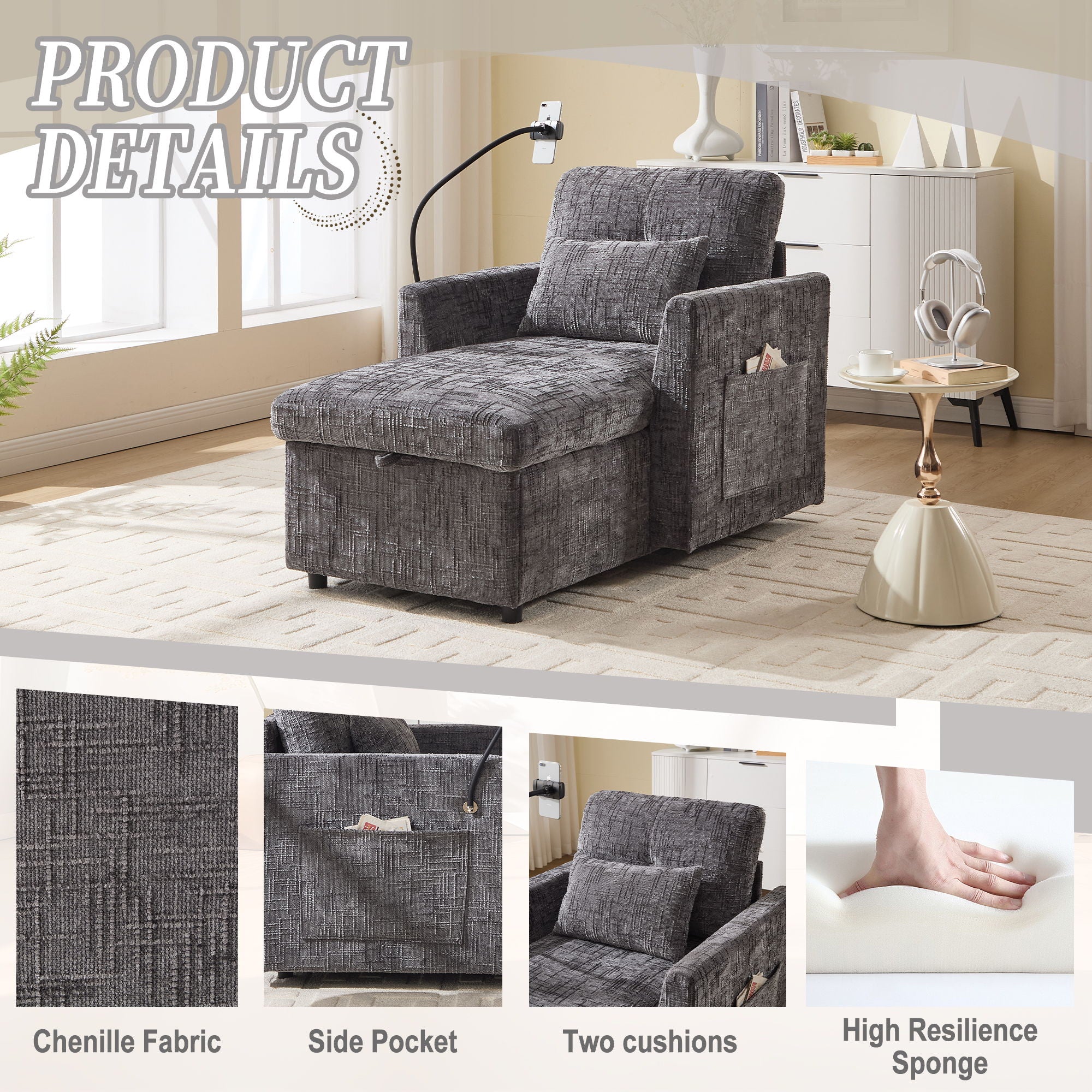 Multifunctional Chenille Recliner Sofa With Storage And Phone Bracket