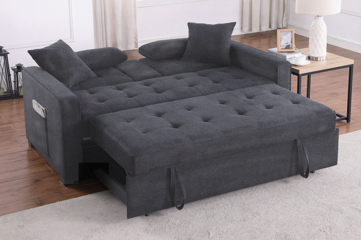 Cody II 70"W Dark Gray Linen Convertible Sleeper Loveseat with Dropdown Console, Cup Holders, Charging Ports, Pocket, and Pocket Coil Seating