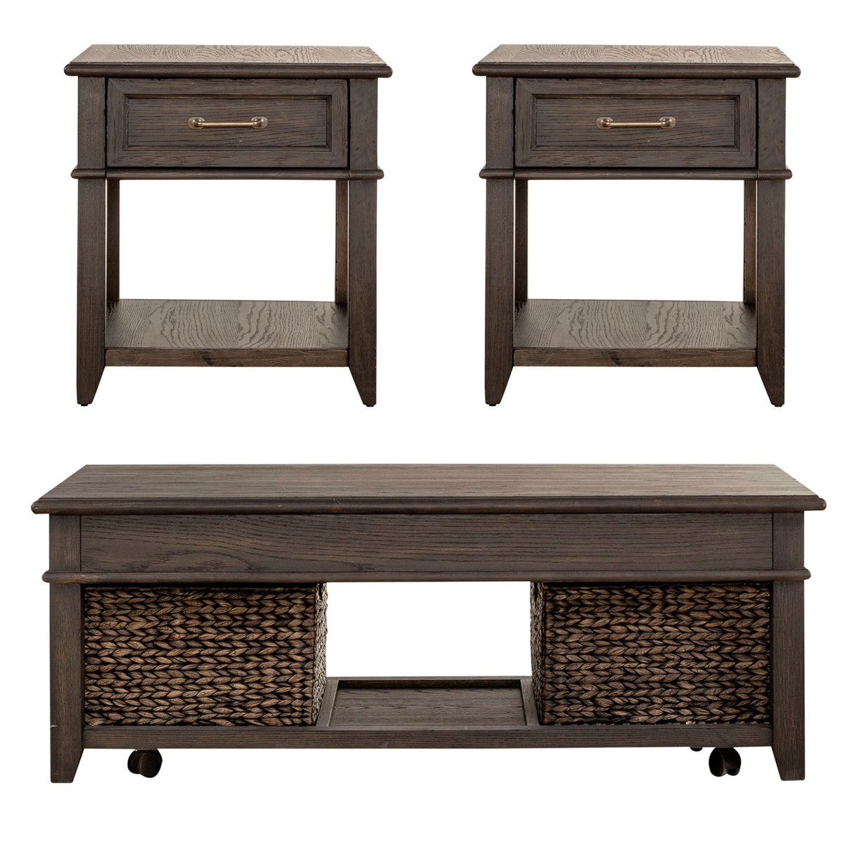 Liberty Furniture Mill Creek - 3 Piece Living Room Set (Lift Top Cocktail & 2 Drawer End Tables) - Dark Brown | Meri Furniture