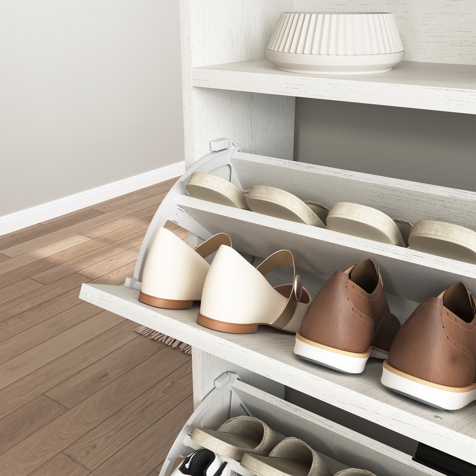 4 Layer Folding Shoe Cabinet With Metal Rounded Corners Convenient Shoe Storage - White