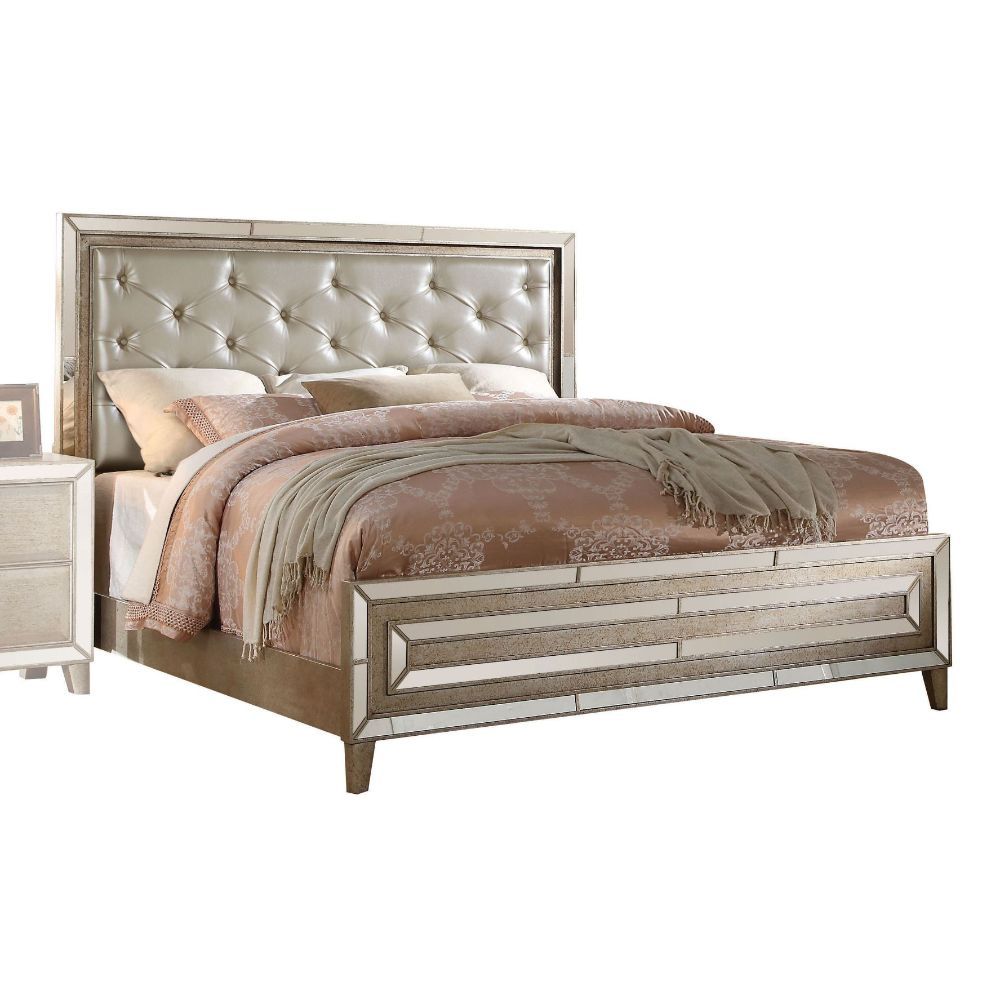 ACME Voeville - Eastern King Bed - Matte Gold PU & Antique Silver | Meri Furniture