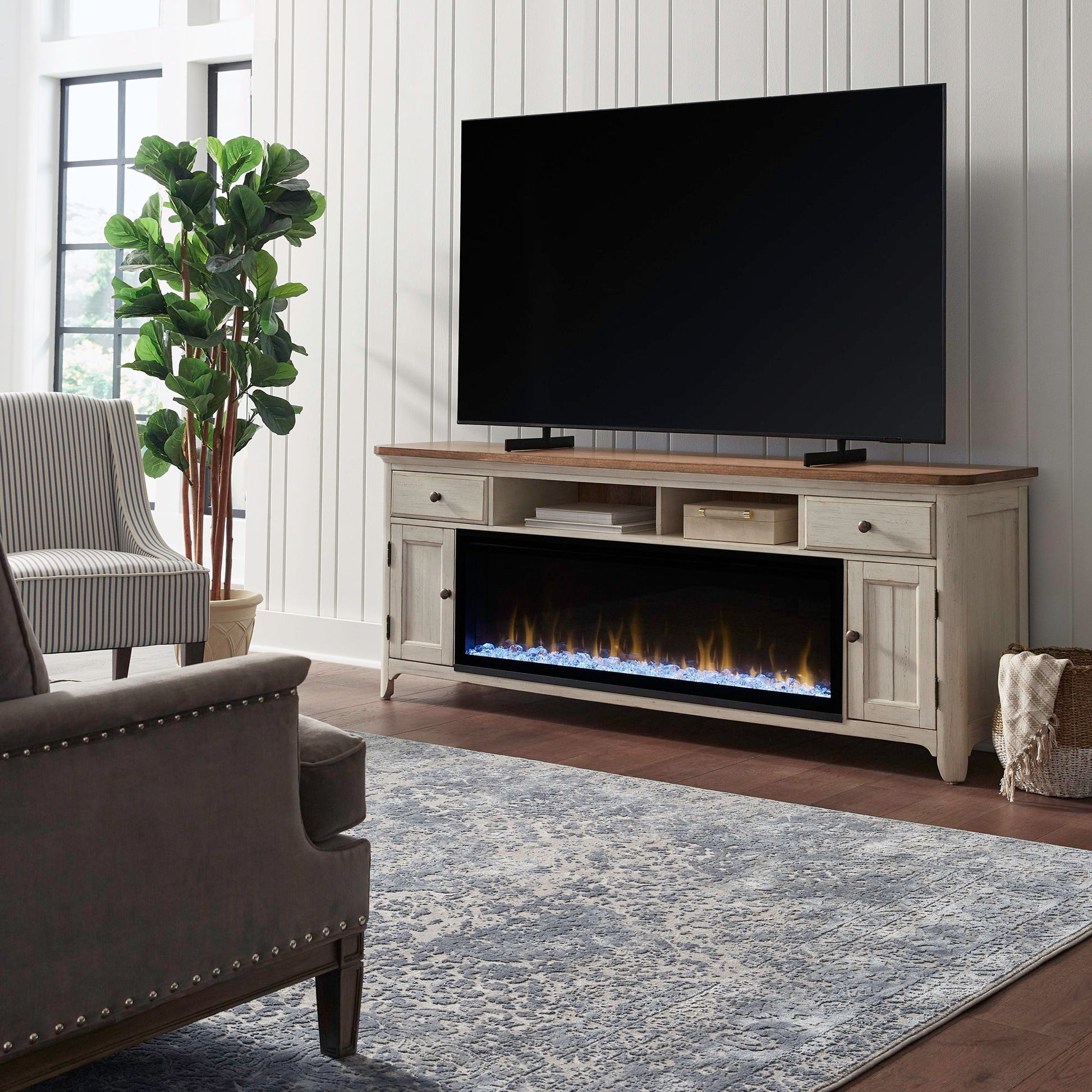 Liberty Furniture 79" Console With Fire - Medium Brown | Meri Furniture