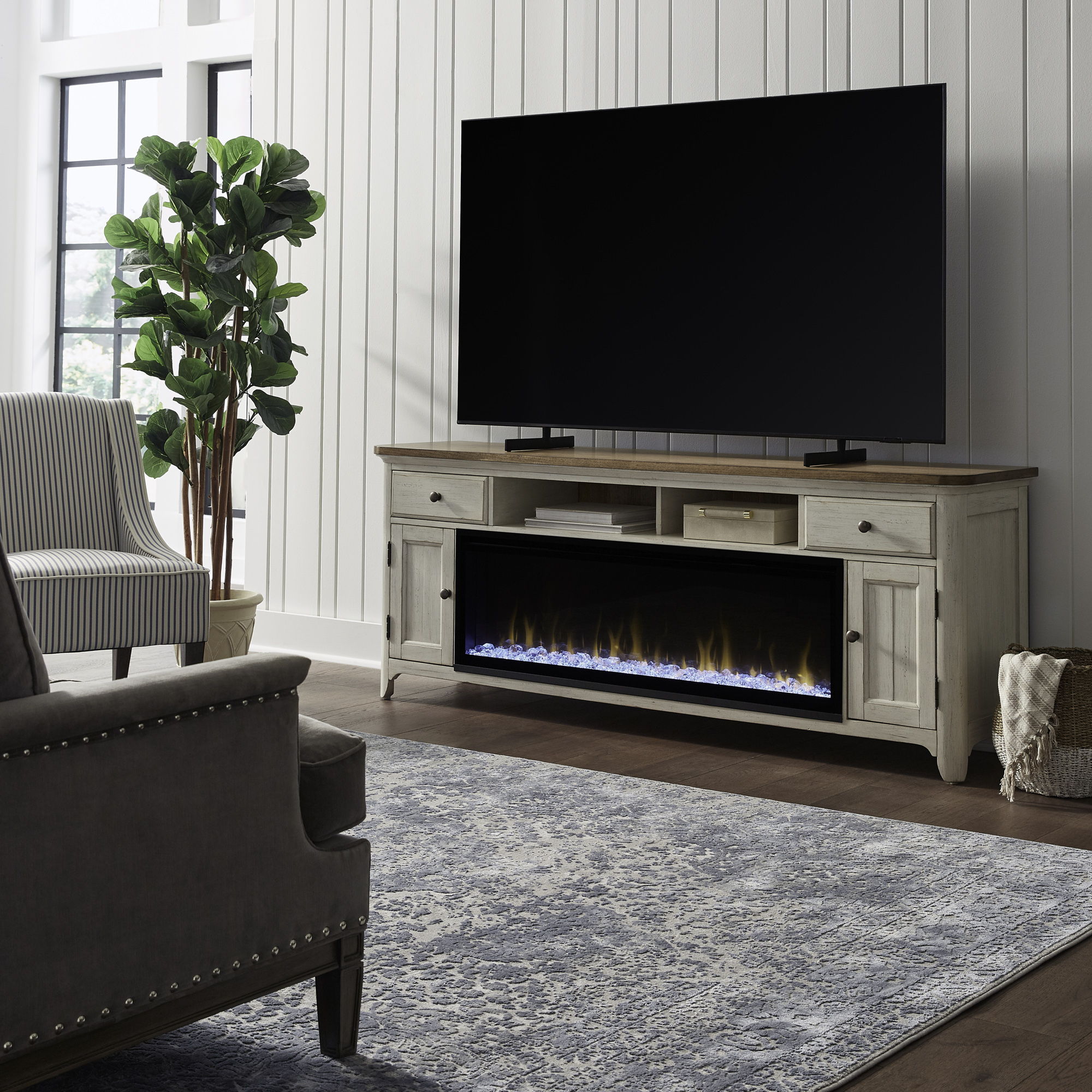 Liberty Furniture 79" Console With Fire - Medium Brown | Meri Furniture