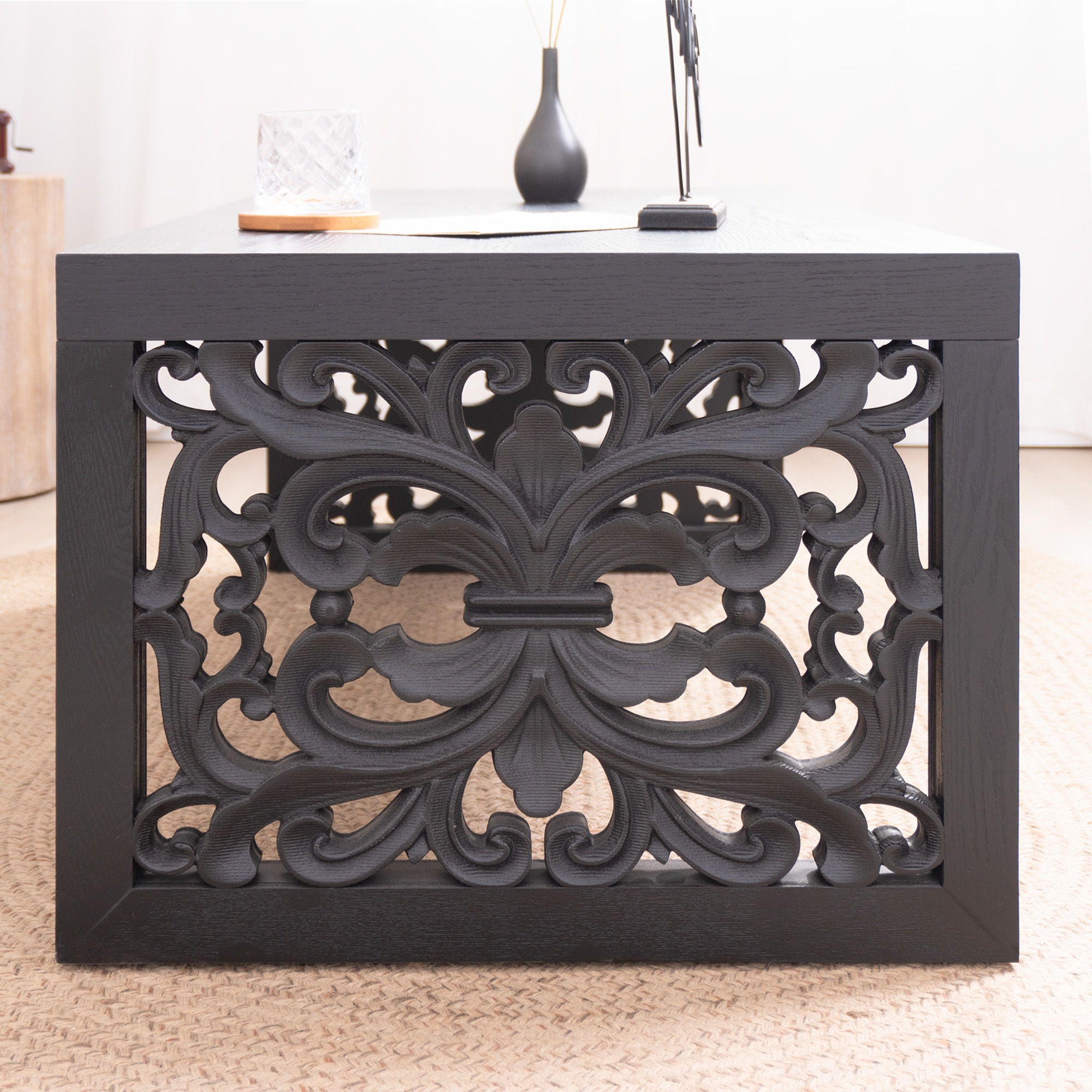 Rustic Carved Wood Coffee Table, Handcrafted Look With Ornate Side Panels