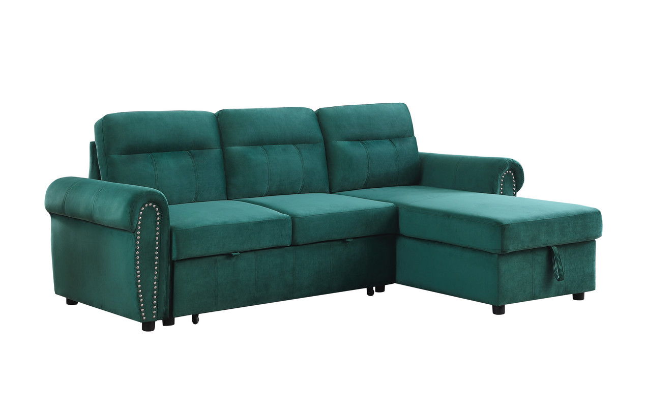 Ashton 96.5"W Green Velvet Fabric Reversible Sleeper Sectional Sofa Chaise