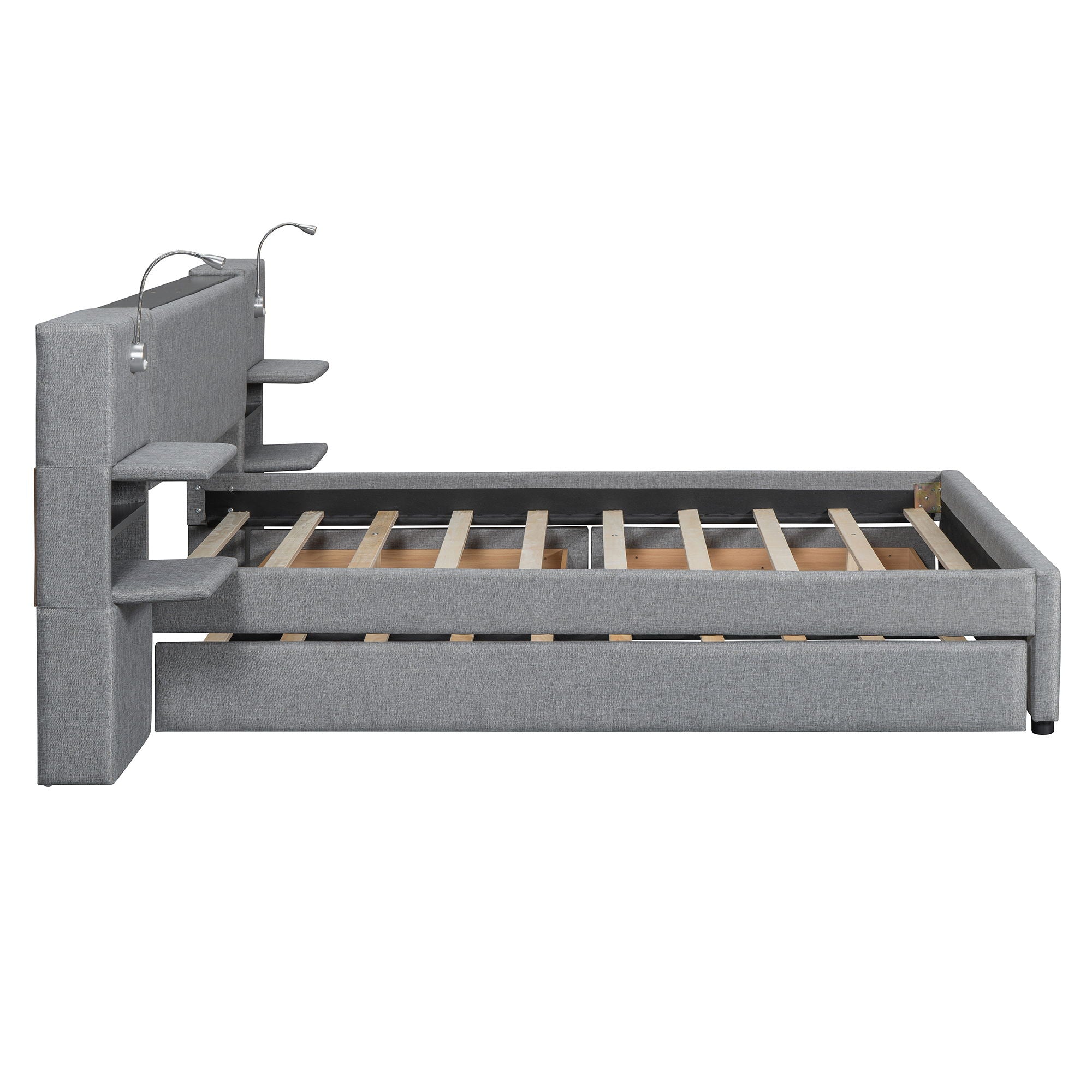 Upholstered Platform Bed With Reading Lights, Drawers, Trundle And Shelves