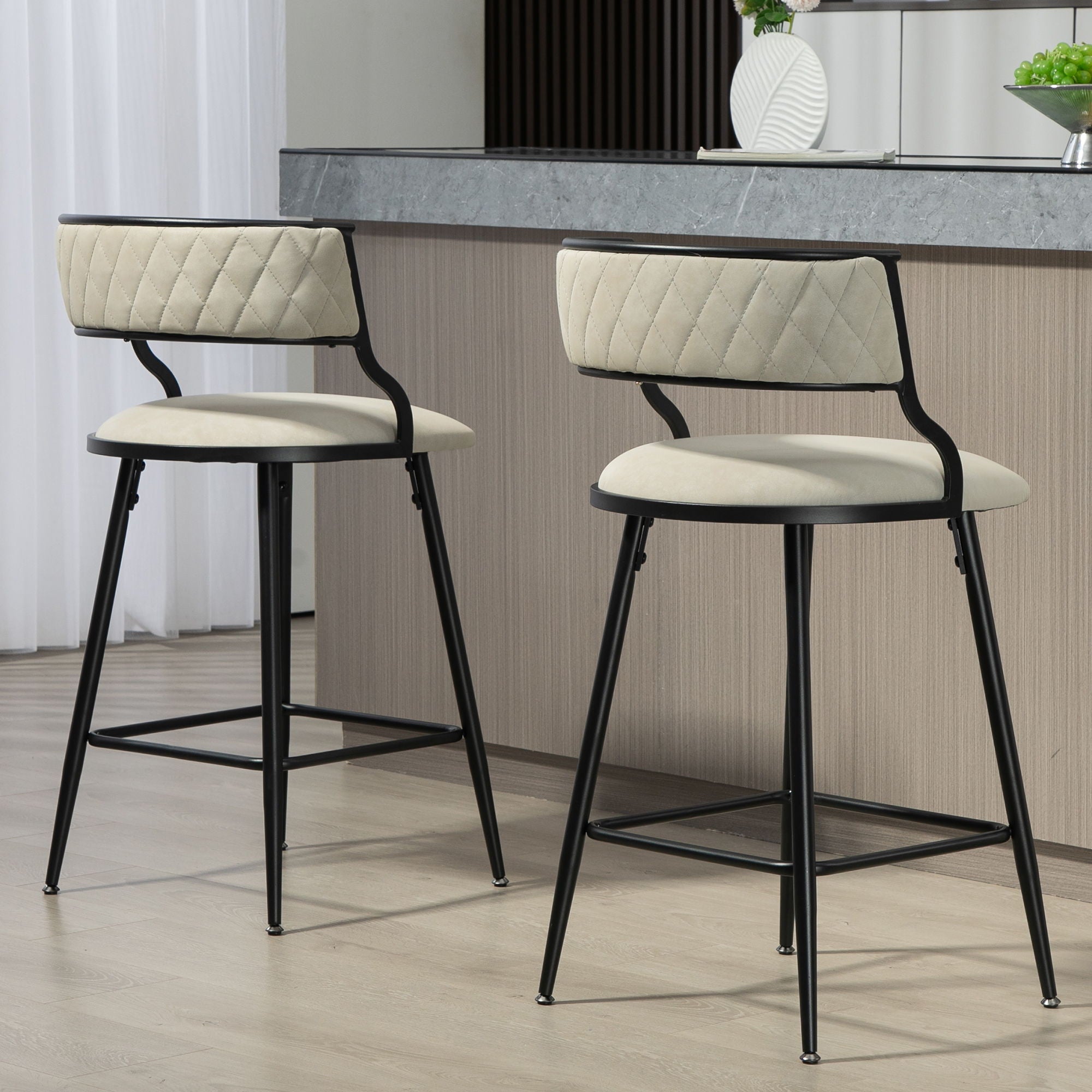 Counter Height Bar Stools With Powder Coating Base And Footrest (Set of 2) - Beige
