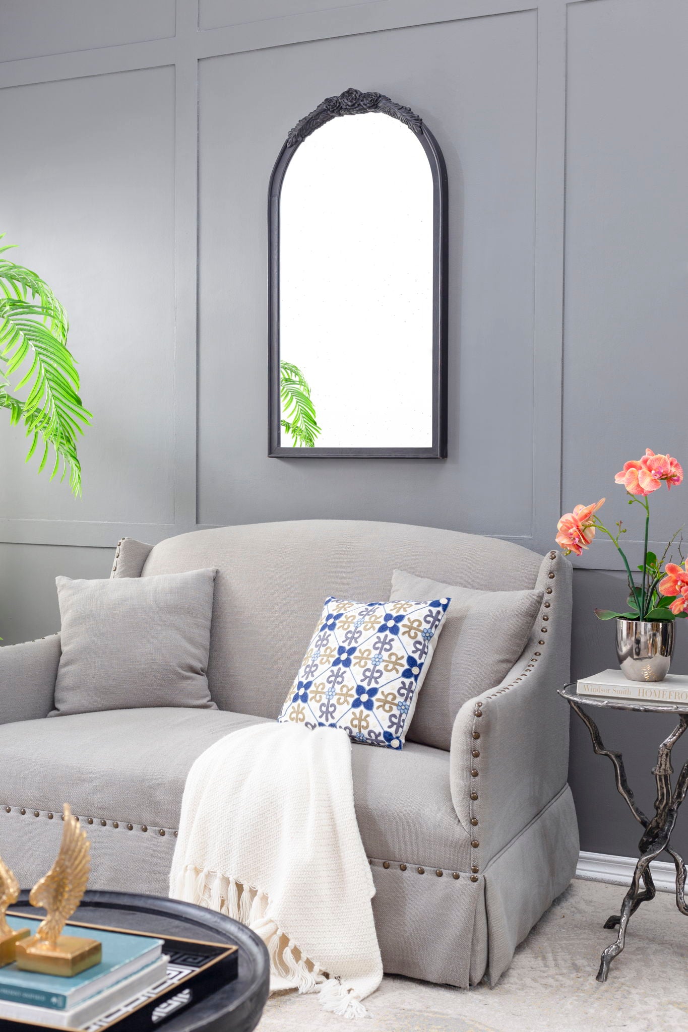 Hand Carved Rose Antique Mirror Frame, Wood Arch Mirror Wall Decor For Living Room