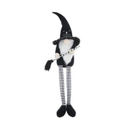 Sitting Gnome With Broomstick & Long Legs, For Halloween Decor - Black White