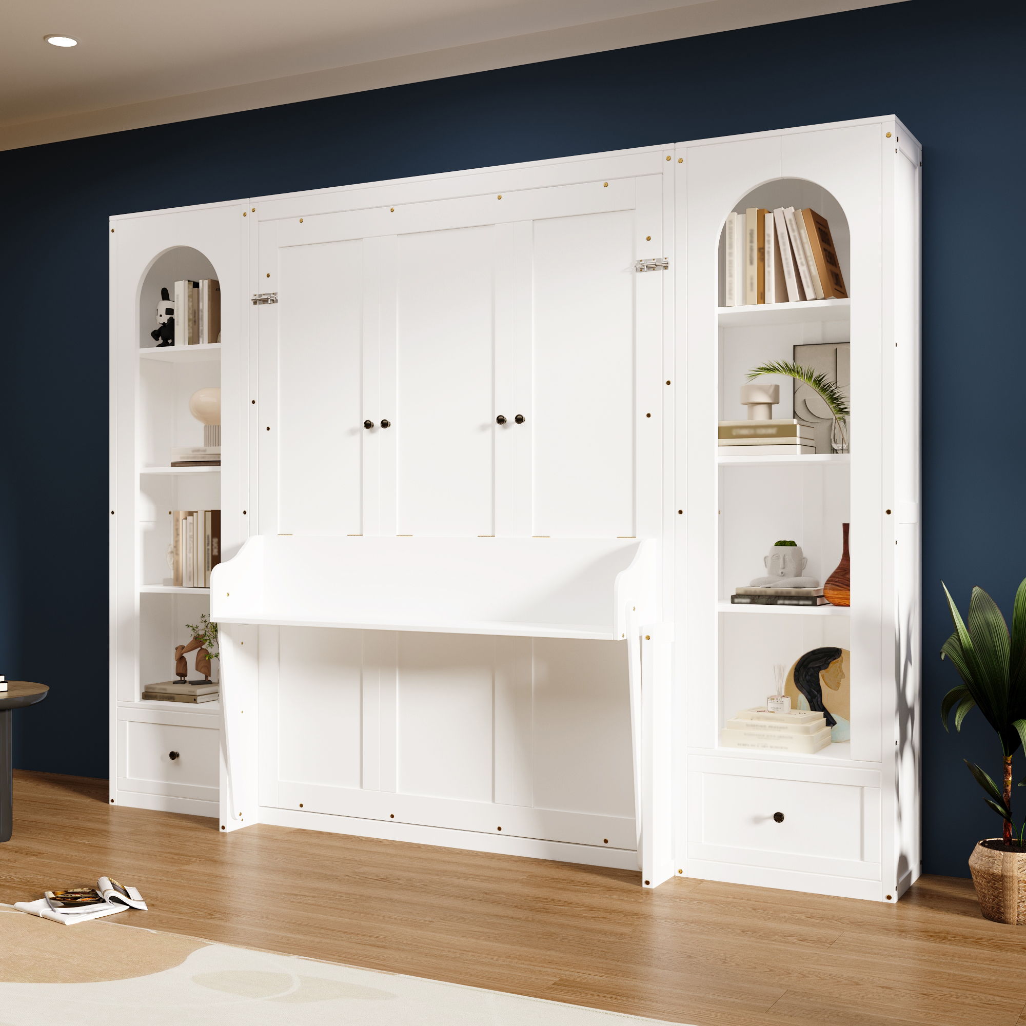 French Style Murphy Platform Bed With Shelf, Side Cabinets, Drawers And LED