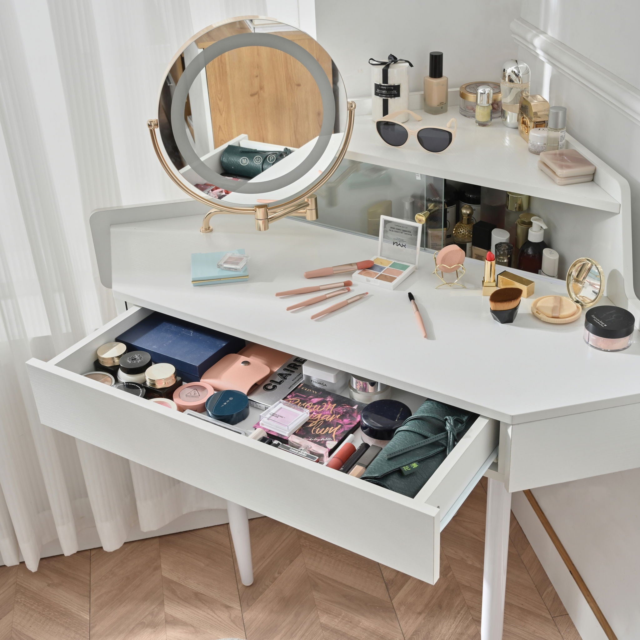 Modern Corner Makeup Vanity Desk With Large Storage, LED Mirror & Stool, Adjustable Brightness, Space Saving - White