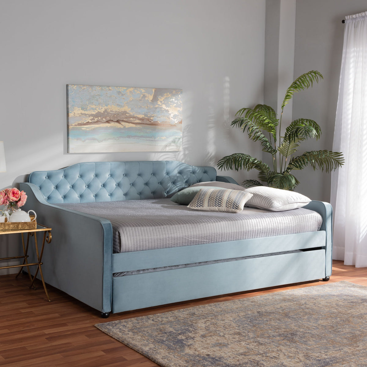 Freda Transitional and Contemporary Light Blue Velvet Fabric Upholstered and Button Tufted Queen Size Daybed with Trundle