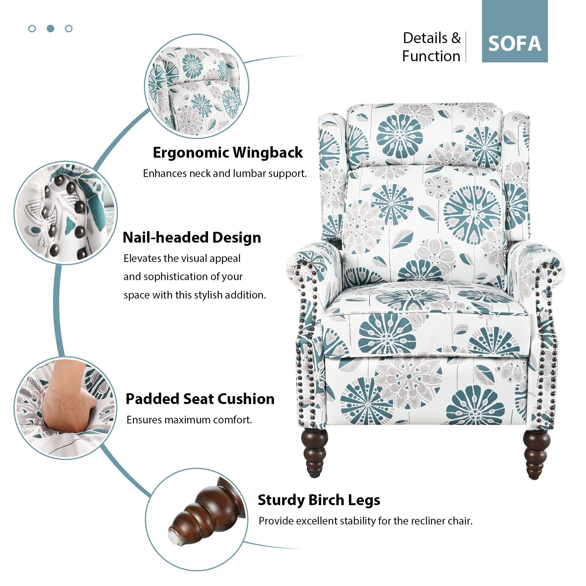 Push Back Recliner Chair Upholstered Recliner Armchair With Classic Wing Back And Solid Gourd-Shaped Legs