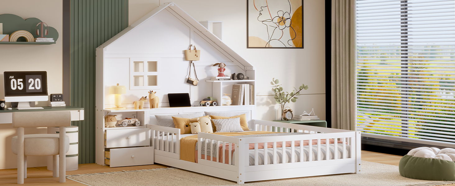 Full Size House Bed With Window And Bedside Drawers, Platform Bed With Shelves And A Set Of Sockets And USB Port - White