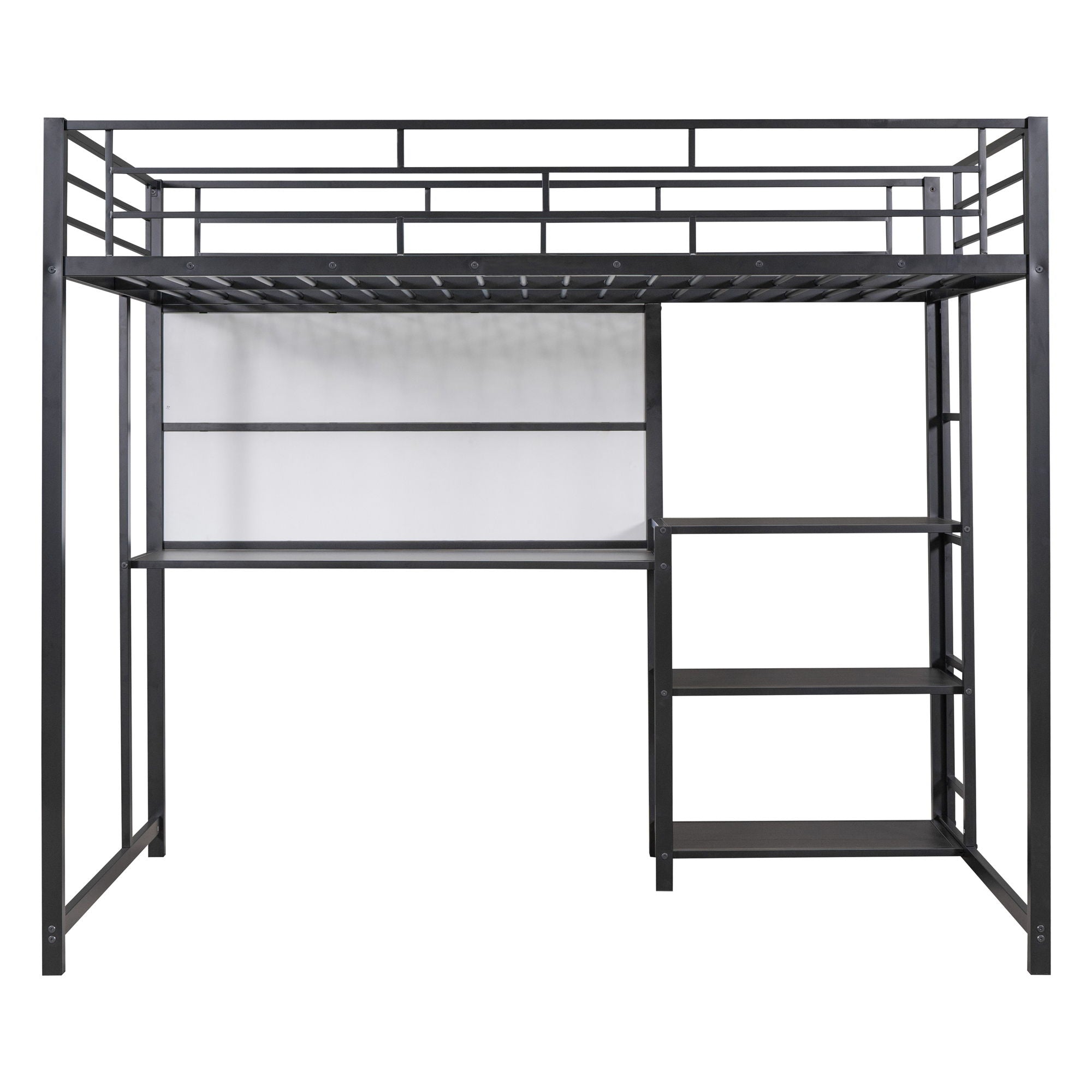 Metal Loft Bed With Desk, 3 Shelves And Ladder
