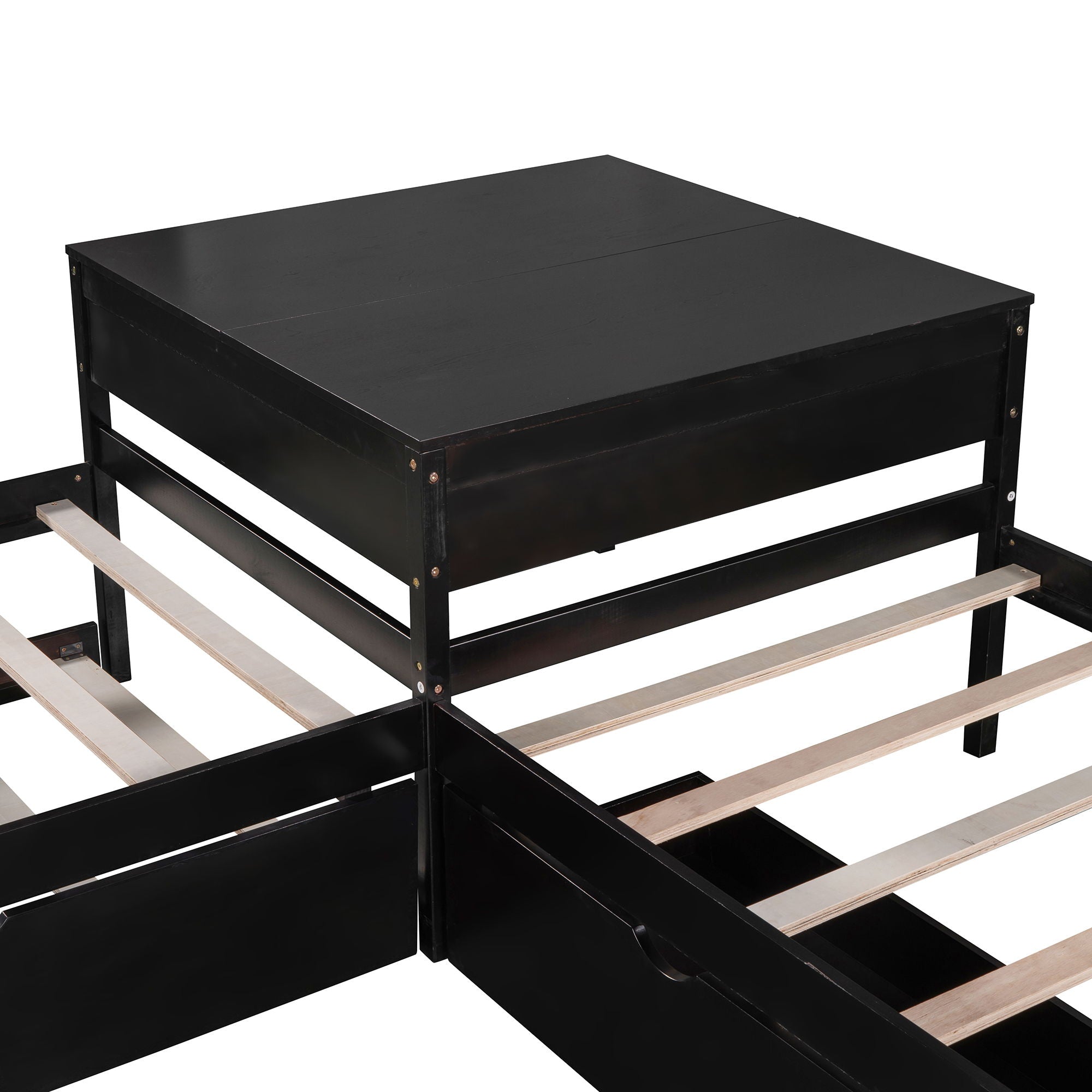 L Shaped Platform Bed With Trundle And Drawers Linked With Built In Desk