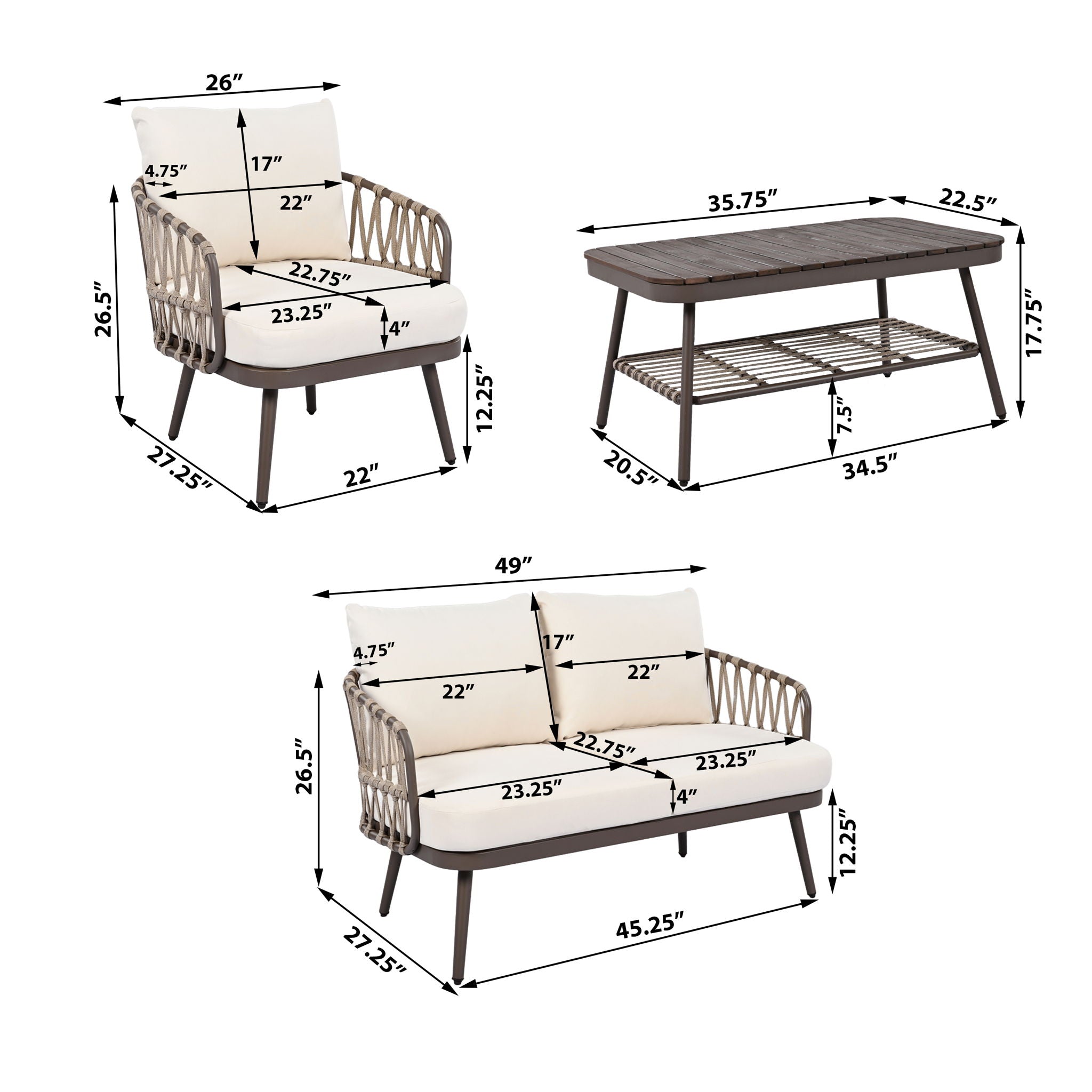 4 Piece Outdoor Patio Furniture Set, Metal Chairs With Woven Rope U Shaped Backrest