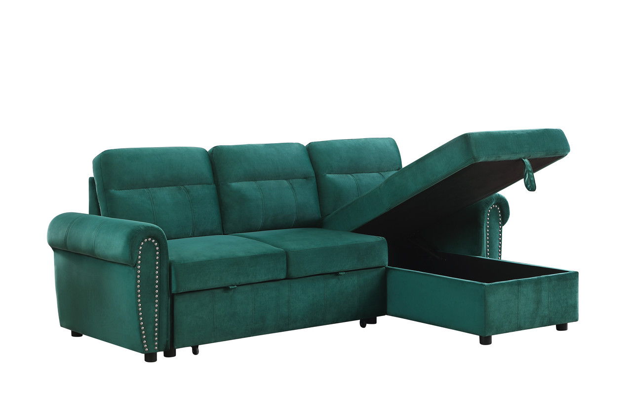 Ashton 96.5"W Green Velvet Fabric Reversible Sleeper Sectional Sofa Chaise