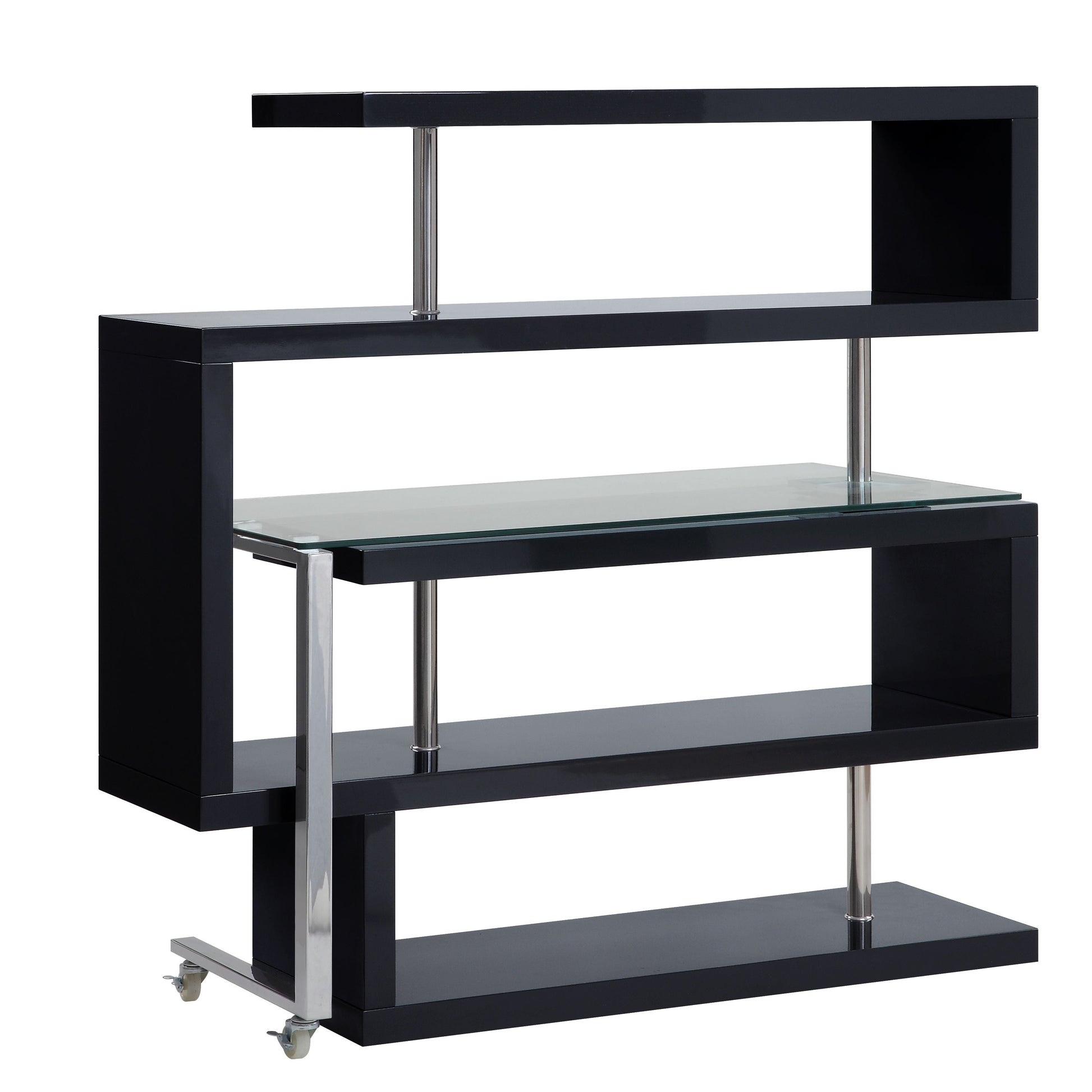 ACME Writing Desk w/Swivel Function 360 Open Storage: 4 Shelves Clear Glass Desk Top High Gloss Finish 2 Wheels Included | Meri Furniture