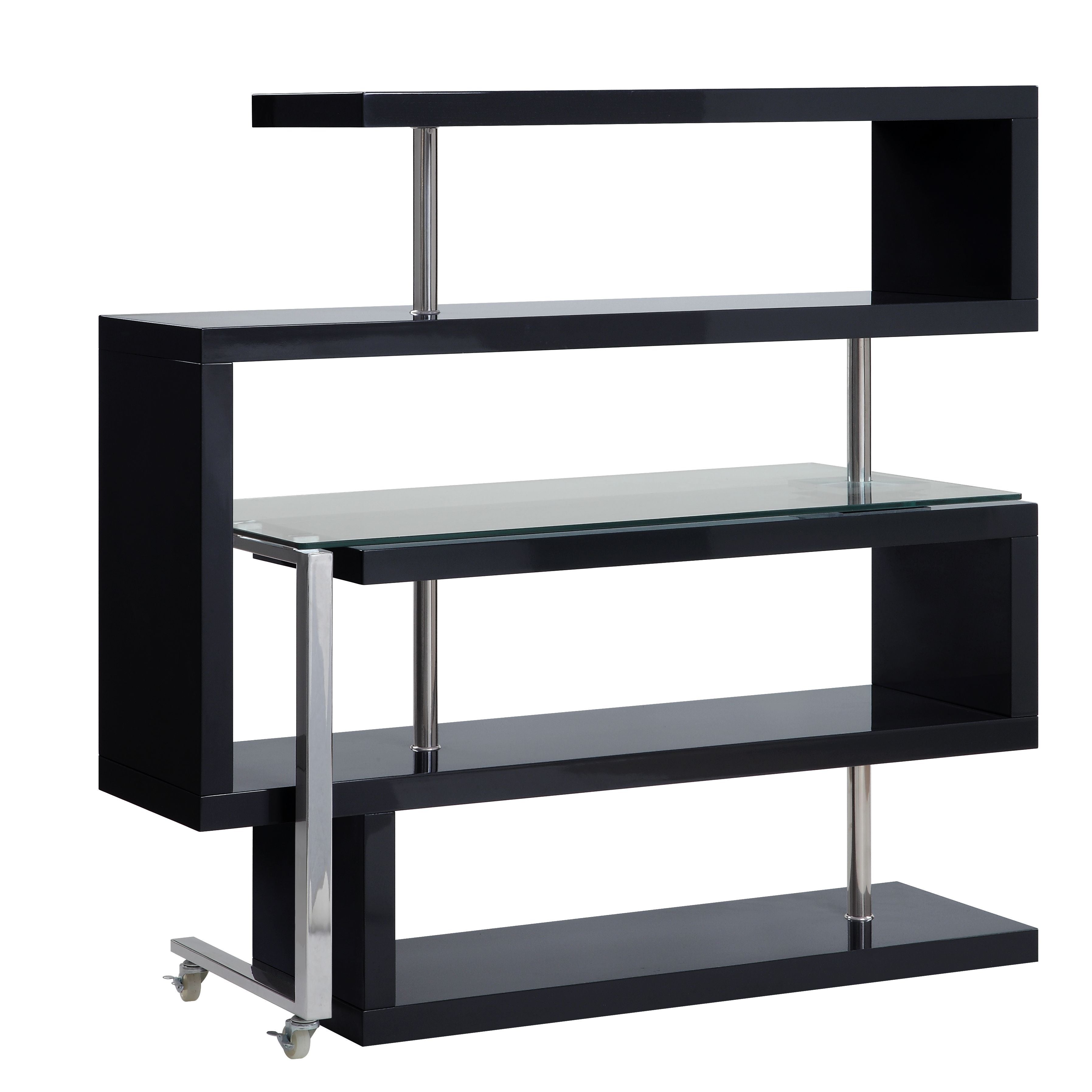 ACME Writing Desk w/Swivel Function 360 Open Storage: 4 Shelves Clear Glass Desk Top High Gloss Finish 2 Wheels Included | Meri Furniture