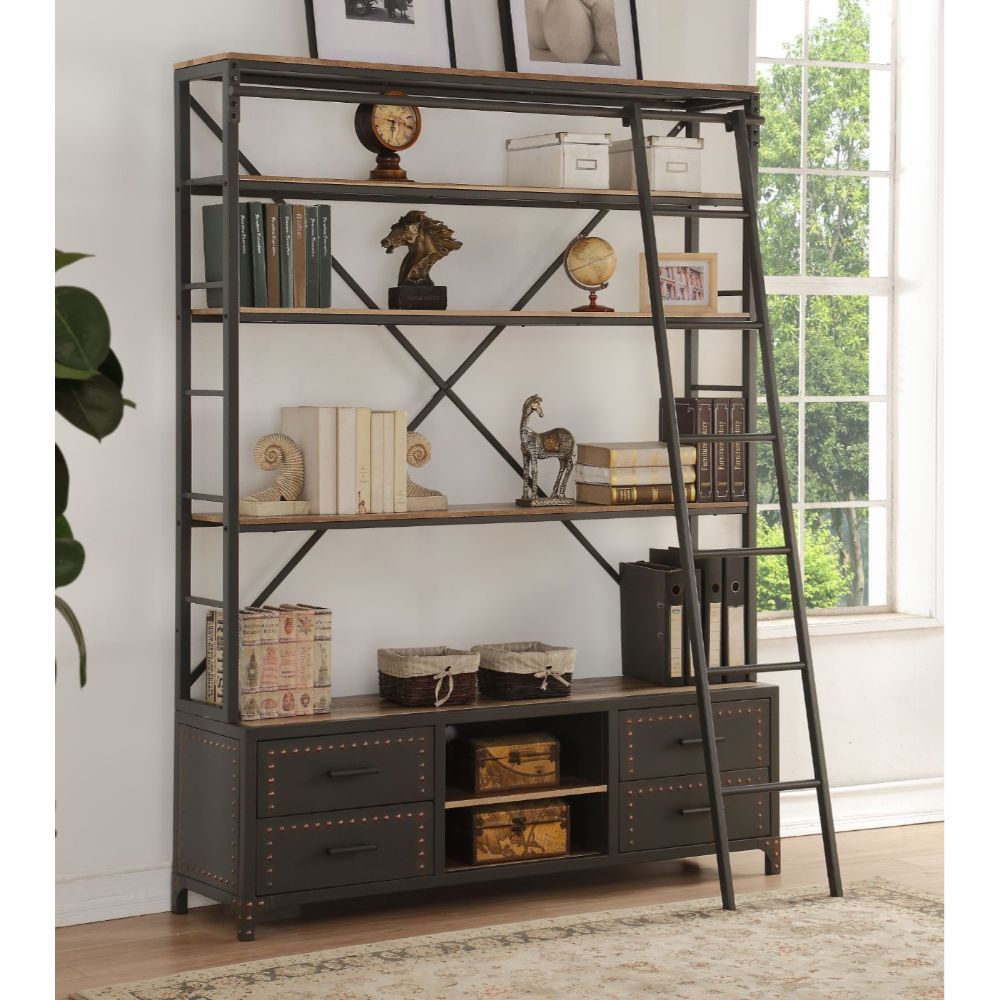ACME Depict the gentle flow of industrial modern decor with the Actaki bookshelf and ladder set. Industrial modern shelving unit with 4 drawers with Nailhead trim and 2 open shelves provide a unique storage and display to you room. Some assembly required.