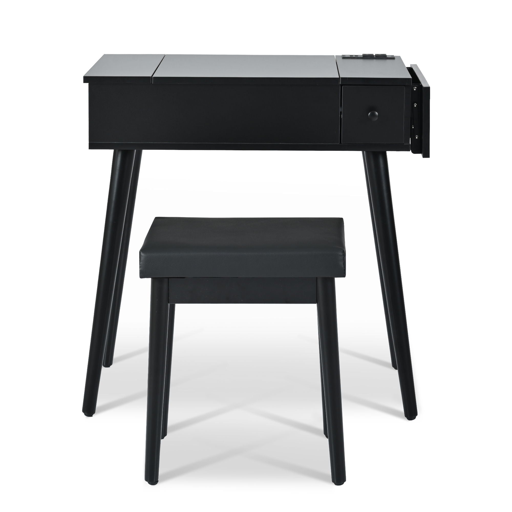 Makeup Vanity Desk With Flip Top Mirror And LED Light, Dressing Table With Charging Station, 2 Drawers And Fold Up Panel, Vanity Set With Cushioned Stool For Bedroom - Black