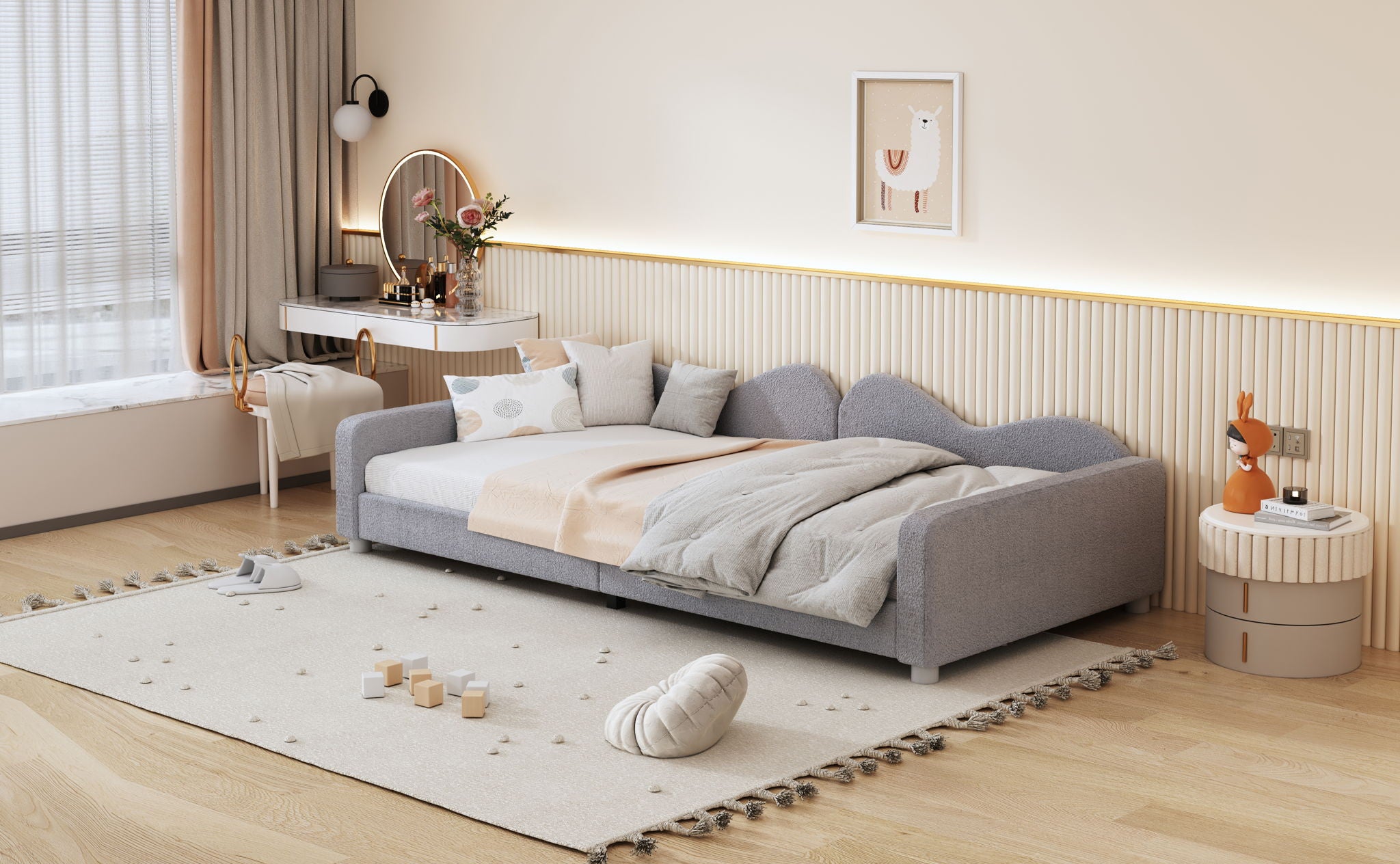Upholstered Daybed, Sherpa Fabric Sofabed With Cloud-Shaped Backrest