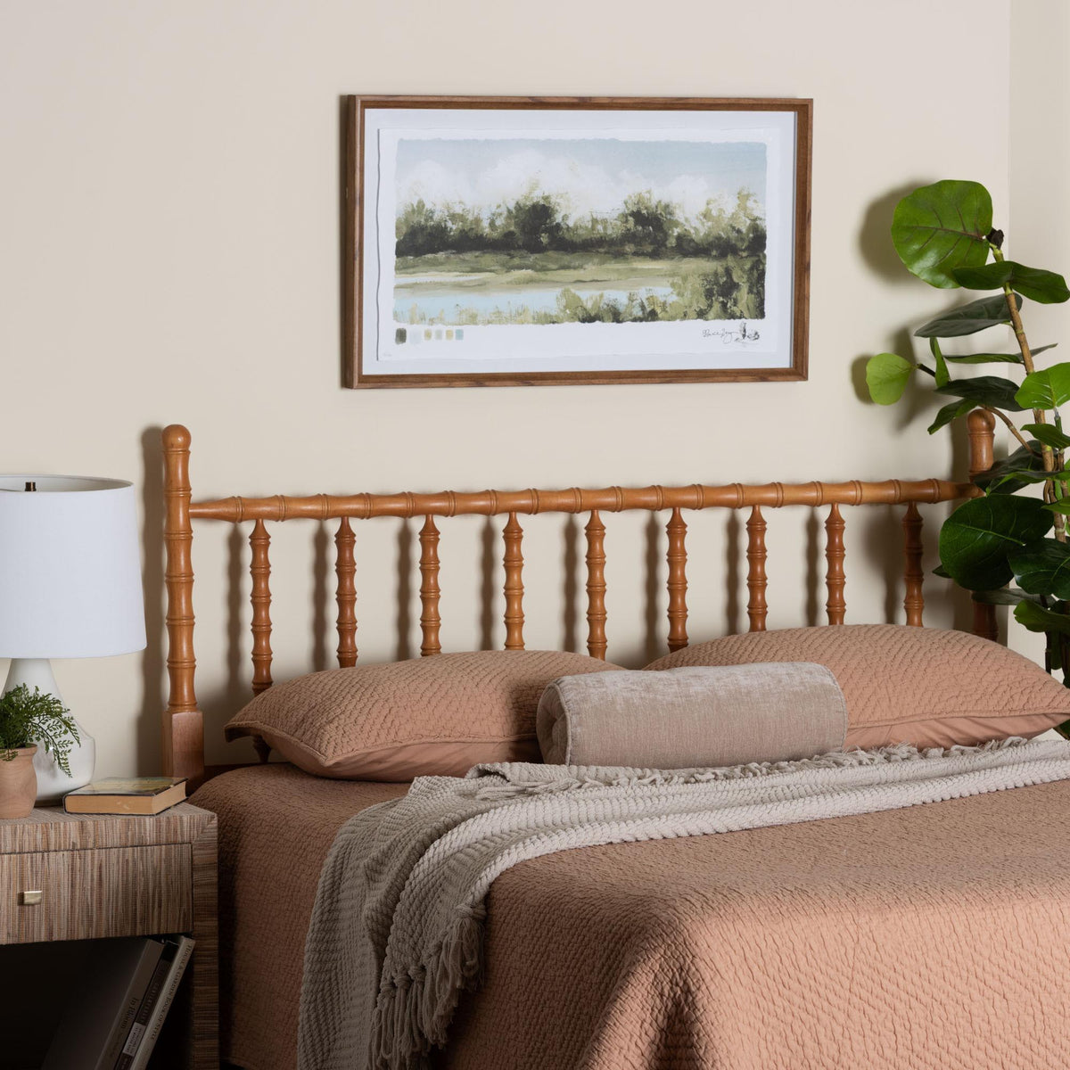 Edaline Bamboo Motif Headboard - Crafted Wood Panel with Decorative Turned Spindle Design for Boho Costal Bedroom, King, Oak Brown