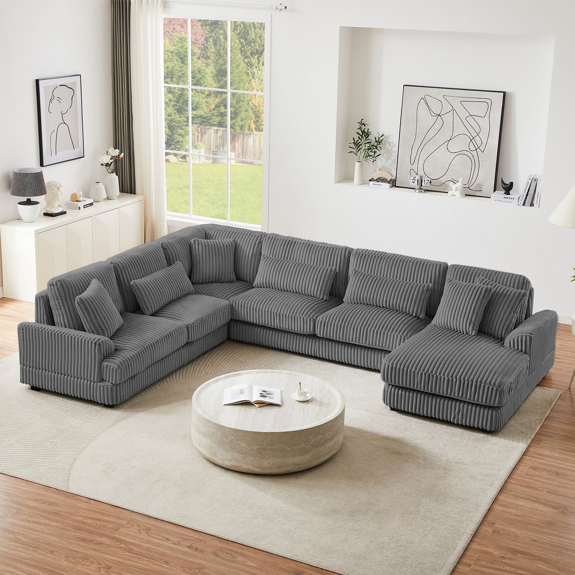 Oversized Sectional Sofa U - Shaped Sofa Couch Modern Sofa Upholstered In Soft Corduroy With A Chaise Lounge For Living Room