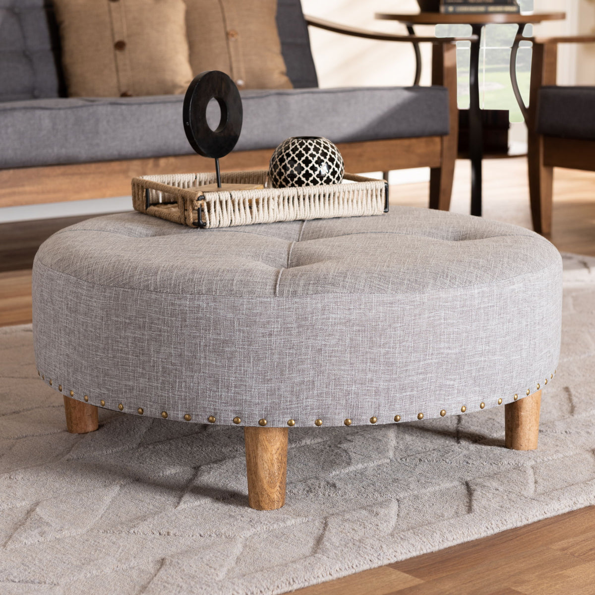 Vinet Modern and Contemporary Light Gray Fabric Upholstered Natural Wood Cocktail Ottoman