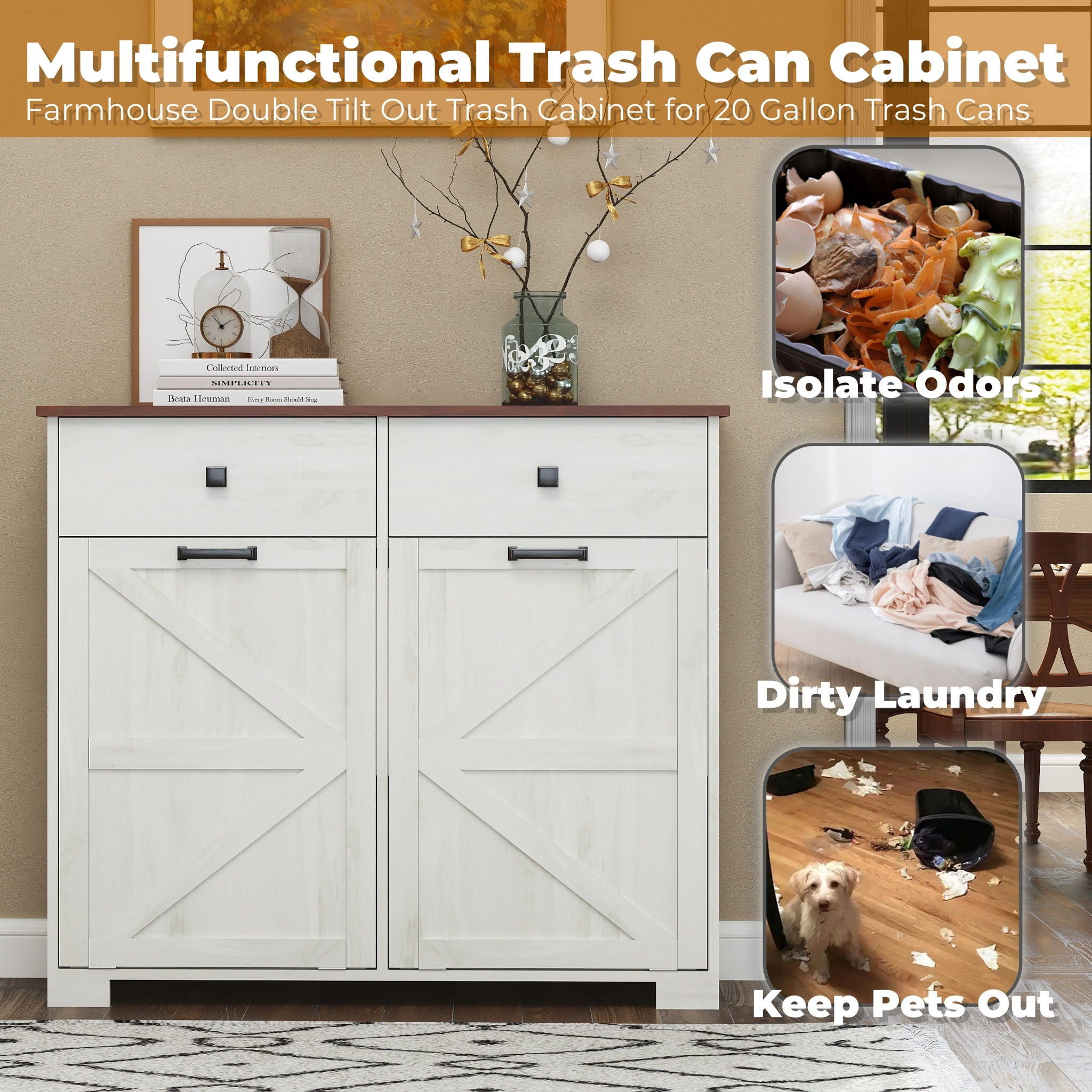 Double Tilt Out Trash Cabinet With Hideaway Drawer And Barn Door Style