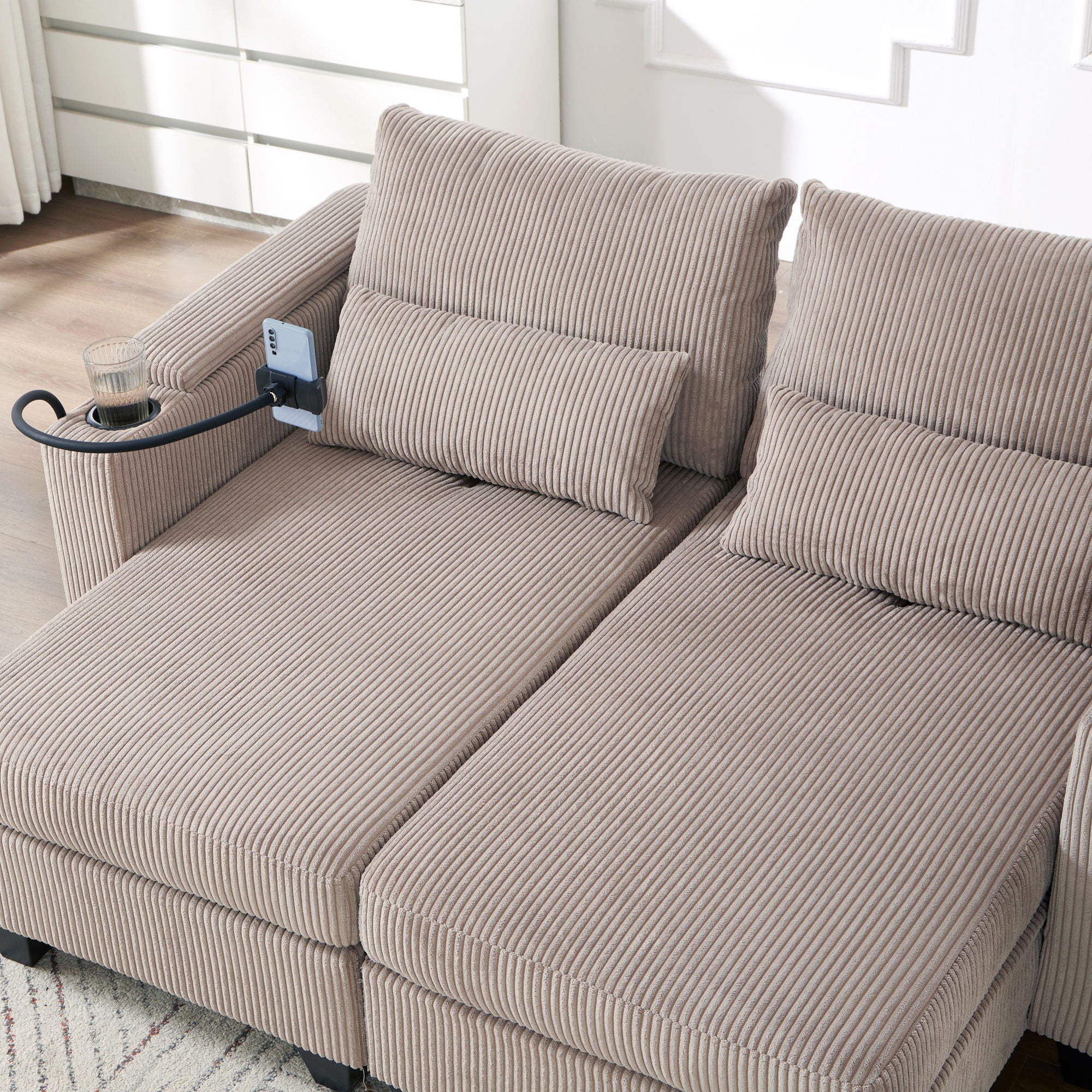 Convertible Chaise Lounge Sofa Chair With USB Ports, Cup Holders, Phone Holder And Storage