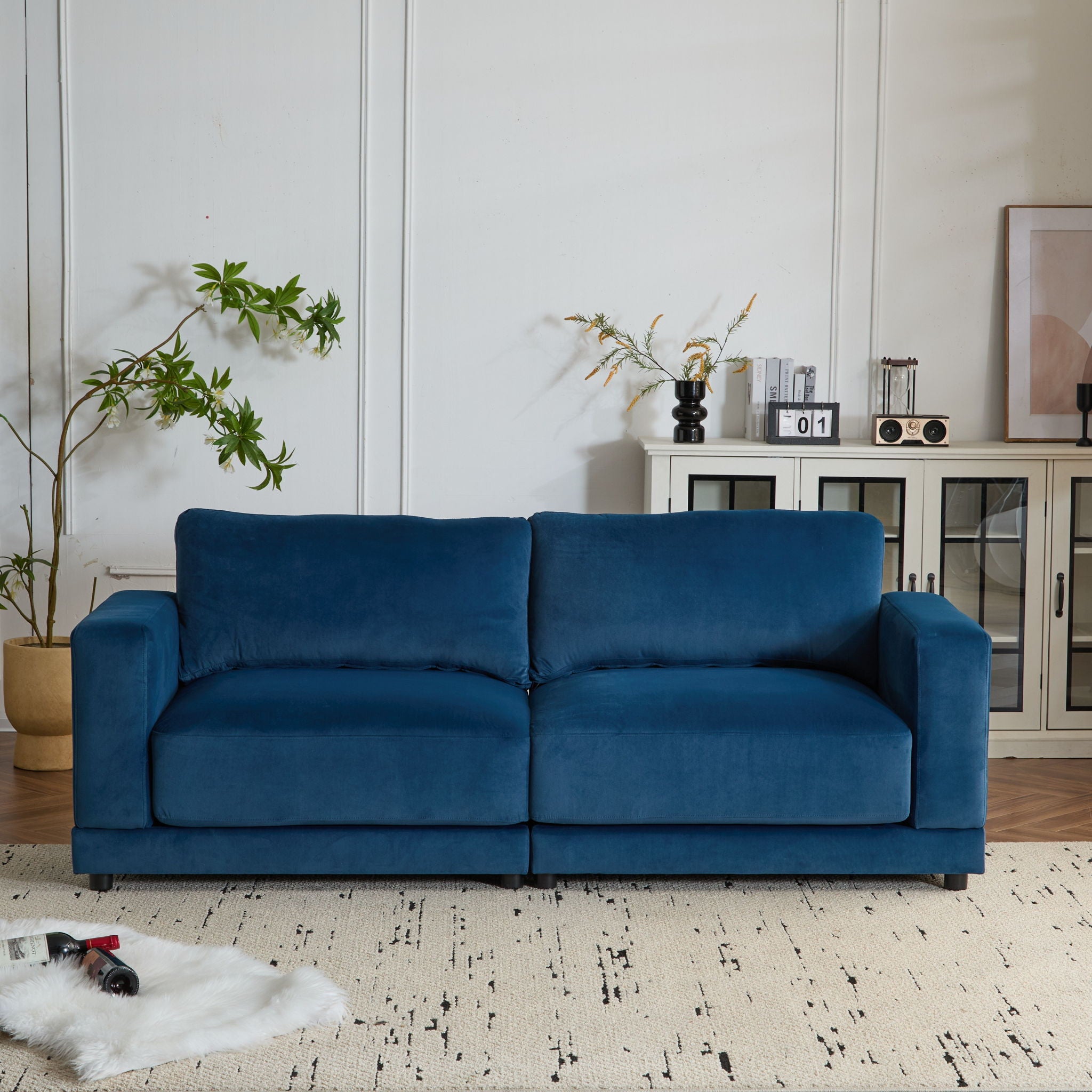 Modern Square Arm Sofa With Soft Fabric Upholstery, Deep Cushions