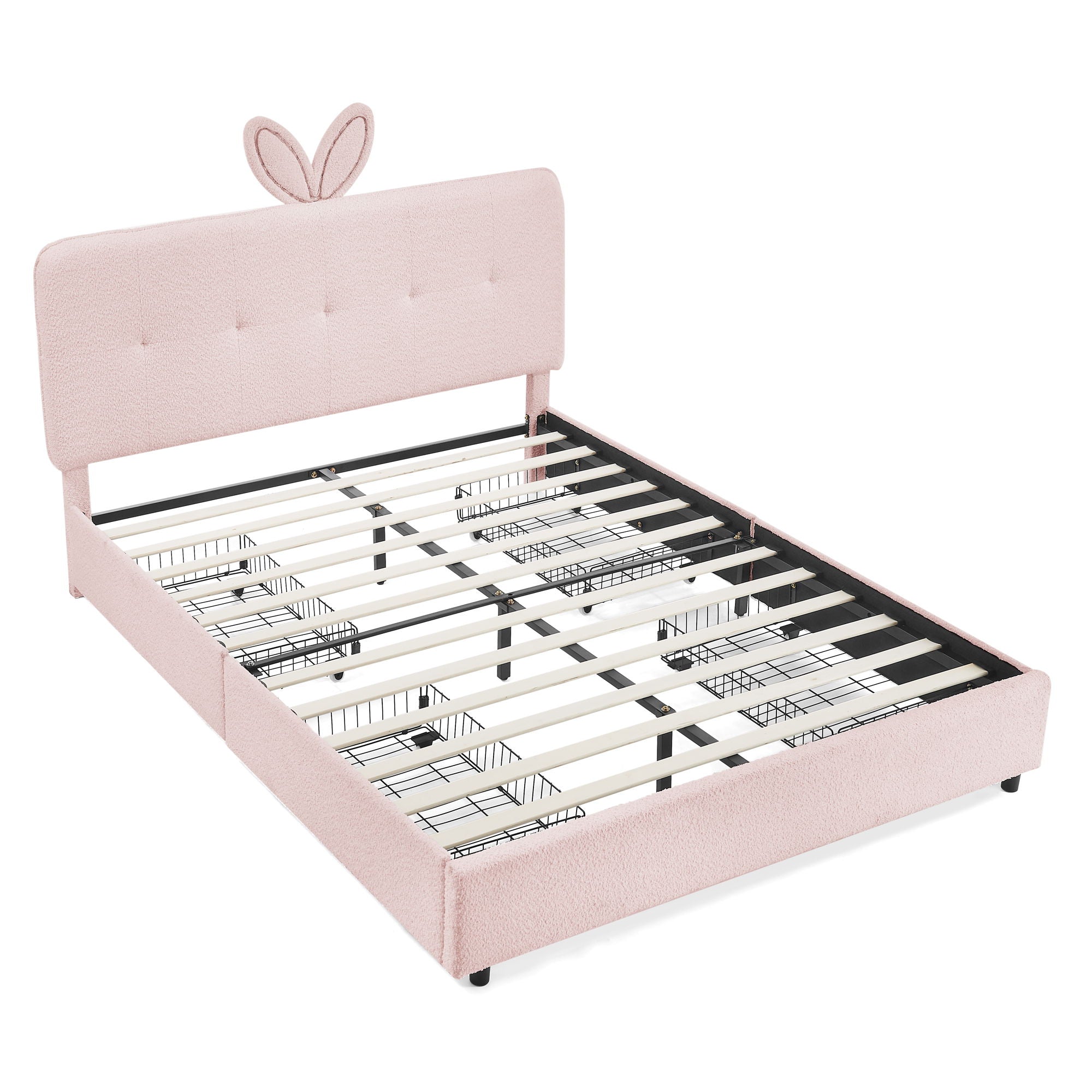 Upholstered Bed With Oversized Rabbit Ear Headboard, LED Lights & 4 Storage Drawers