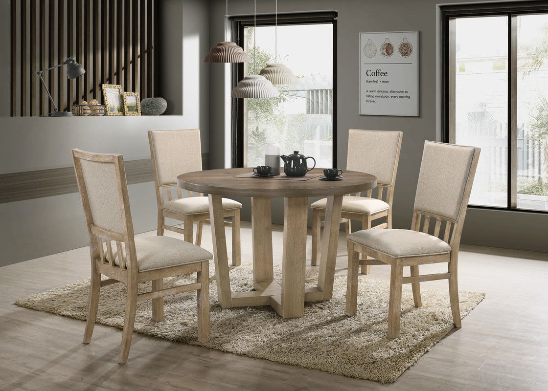 Brutus Vintage Walnut 5 Piece 47" Contemporary Round Dining Table Set with Wheat Colored Fabric Chairs