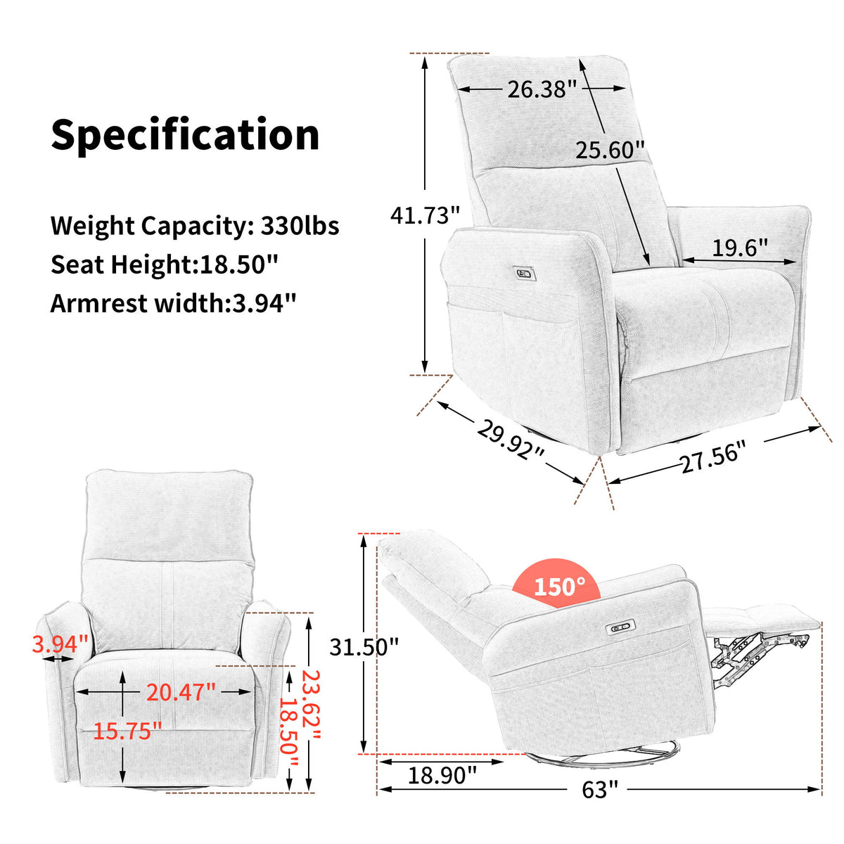 Power Swivel Rocker Recliner Chair, 270° Swivel Rocking Recliner Chair, Electric Small Recliners For Small Spaces, Single Sofa Recliner For Living Room - Blue / Gray