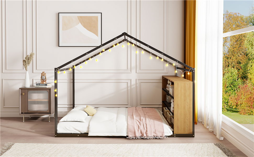 Bed House Frame With Shelves And Lights
