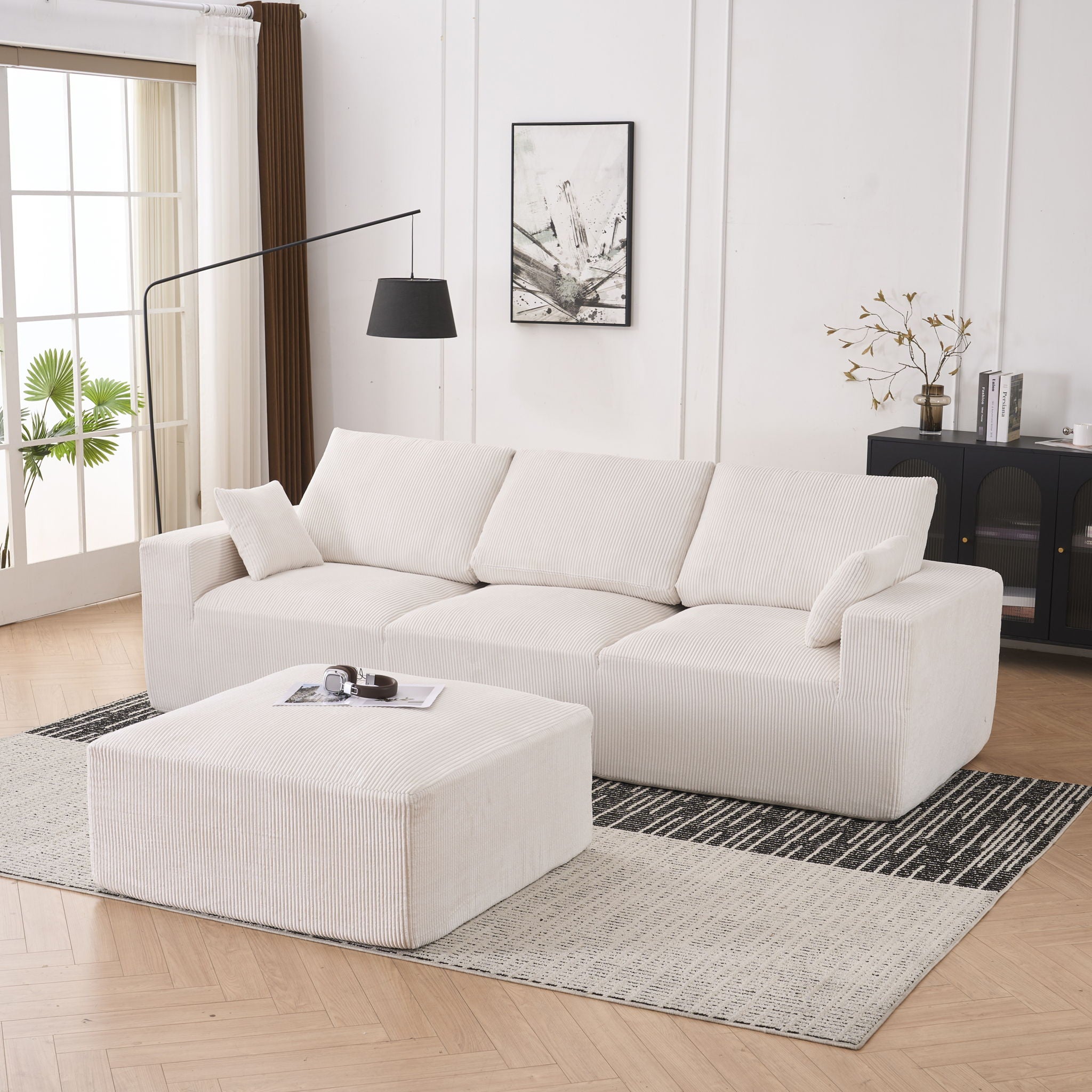 Modular Sectional Sofa With Ottoman, USB And Type C Charger, Petal Armrest Design