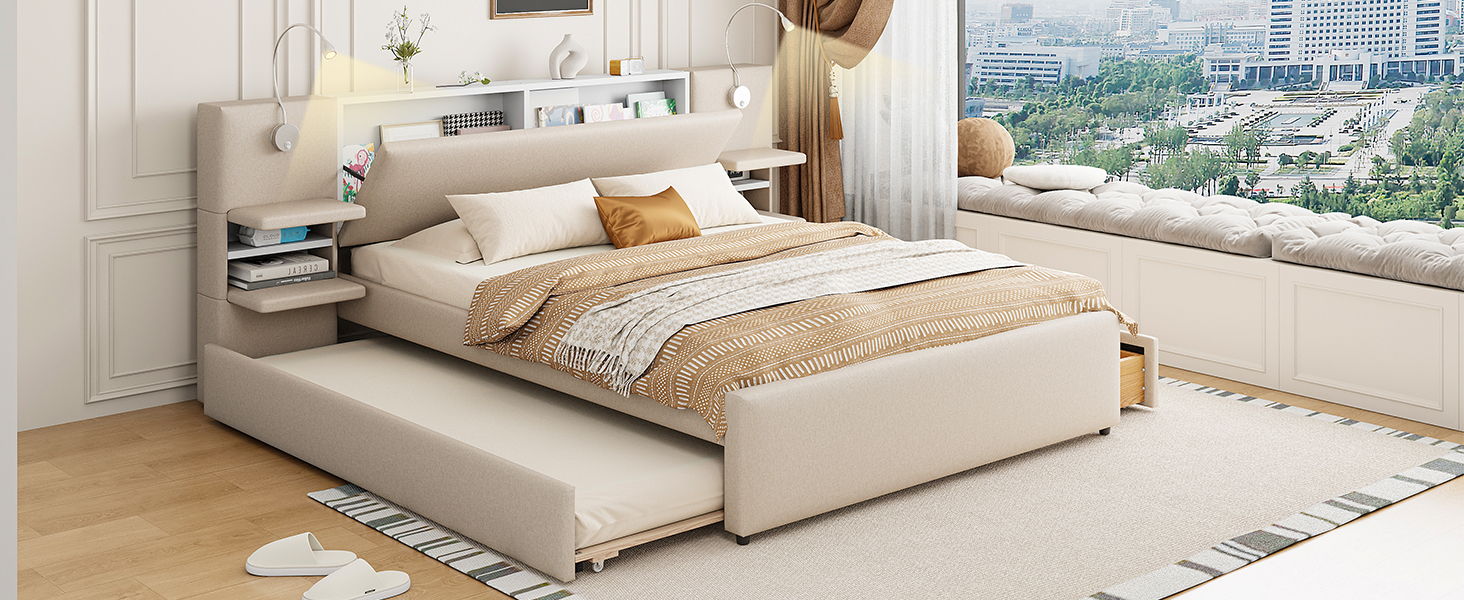 Upholstered Platform Bed With Reading Lights, Drawers, Trundle And Shelves