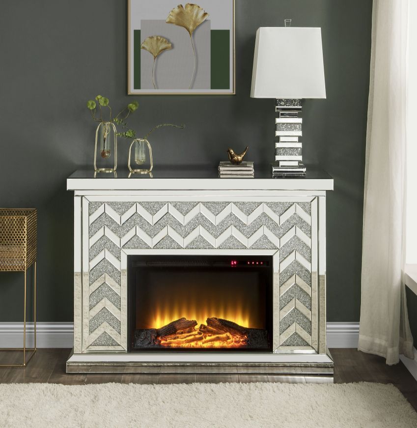 ACME Noralie - Fireplace - Mirrored & Faux Diamonds - 35" | Meri Furniture