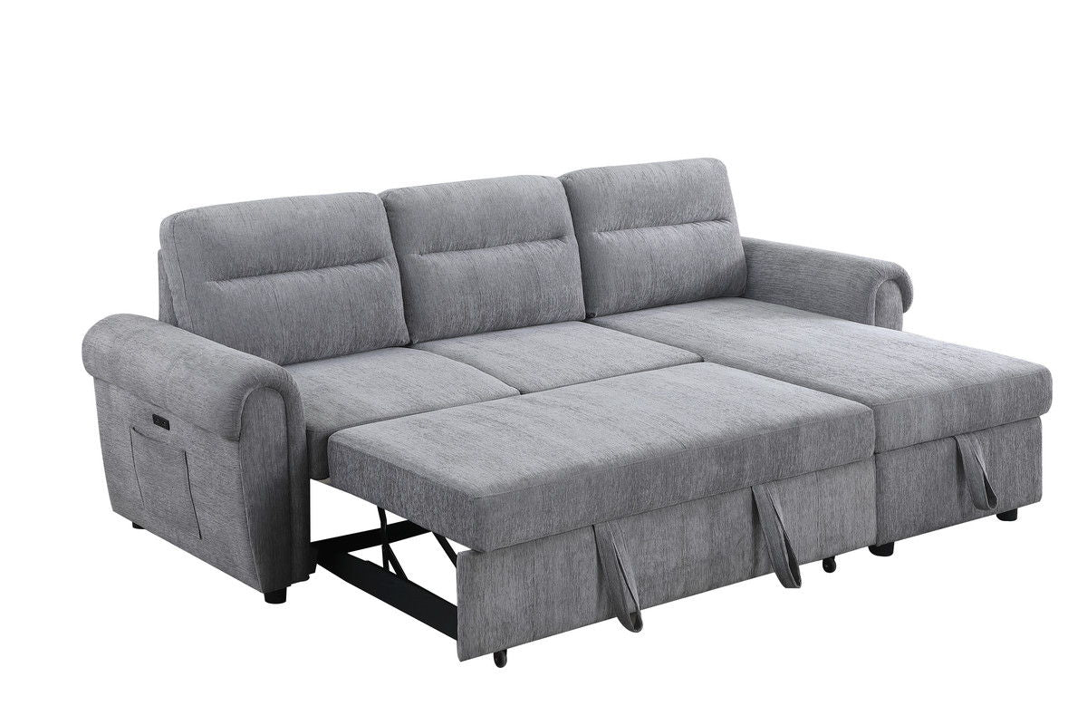 Hugo 97"W Light Gray Chenille Reversible Sleeper Sectional Sofa Chaise with USB Chargers, Phone/Magazine Pockets