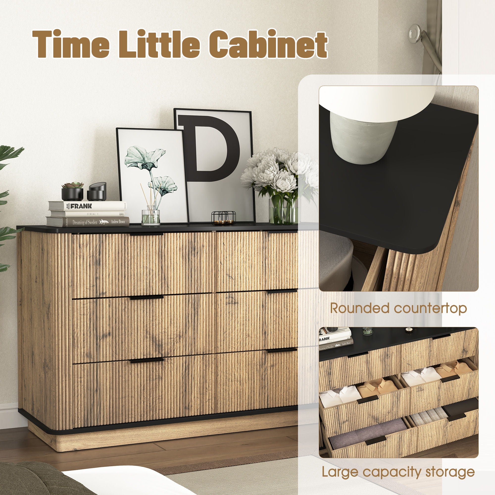 Modern 6 Drawer Cabinet With Metal Rounded Corners And Exquisite Handles Multi Functional Storage - Natural Wood