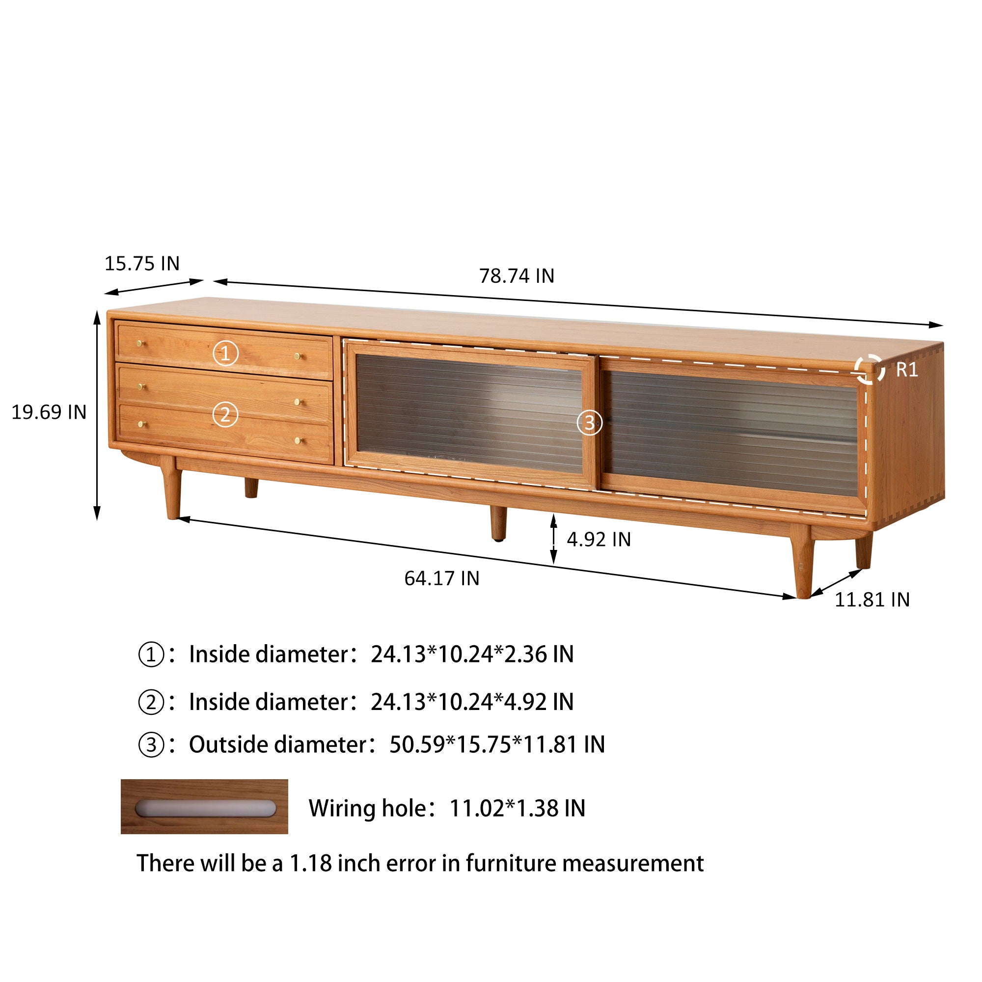 TV Cabinet With Chinese Changhong Glass Doors, Two Drawer Storage Space TV Standing - Cherry
