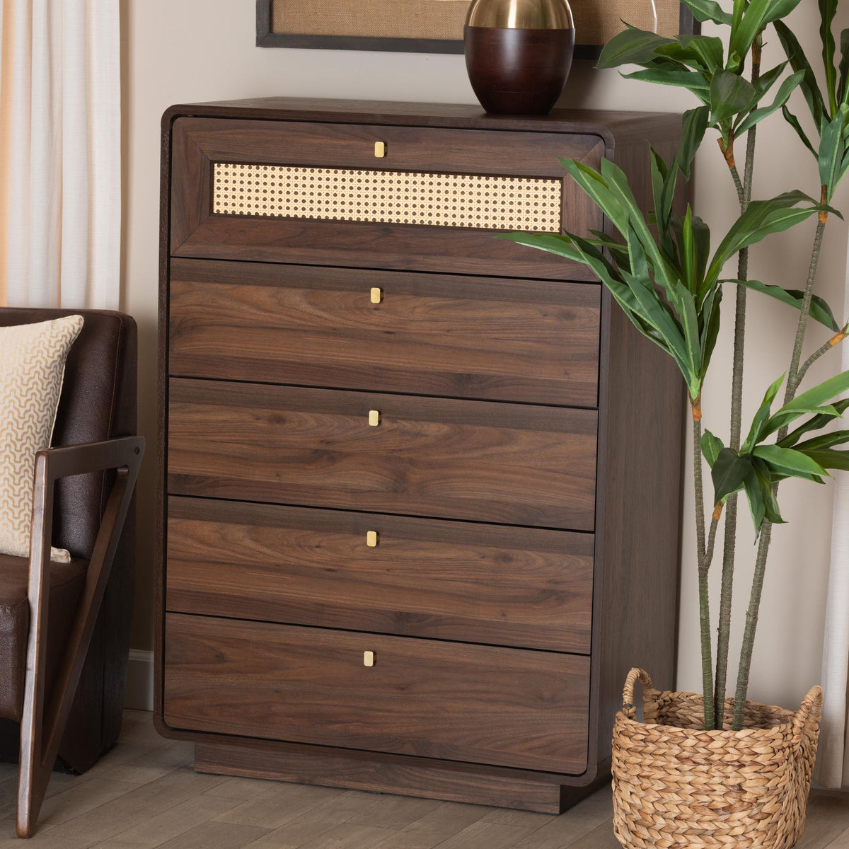 Jenibelle Classic Walnut Brown Wood 5-Drawer Chest with Rattan Drawer